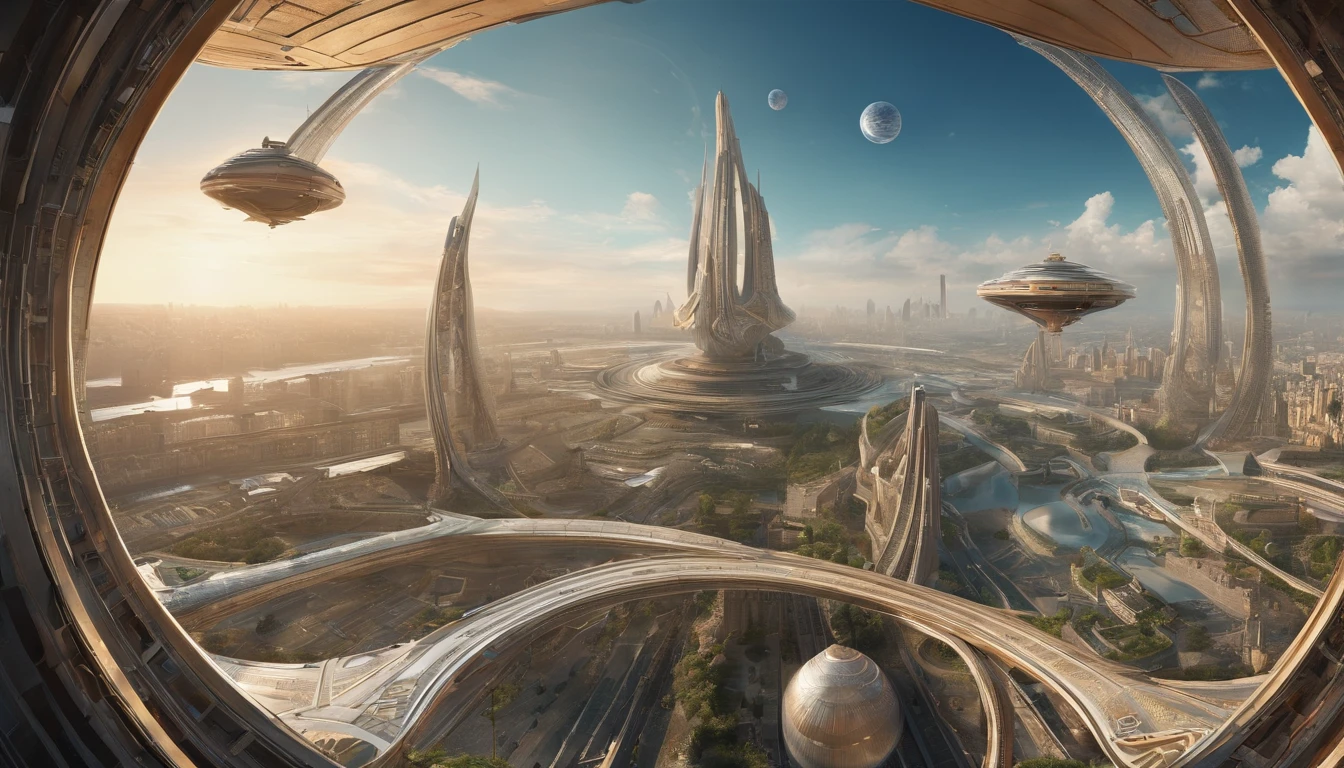 What photography,Ultra photo realsisim,Hyper-detailing,Ultra-wide-angle picture,24th century,sci fi city,and the sun was shining brightly,Tech City of the Future,Oval building,Suspended circular aircraft,Roads leading in all directions,highly detailed surreal vfx,Smudge,Faraway view,super-fine,ultra - detailed,high qulity,8K ,oc rendered,dynamic viewing angle