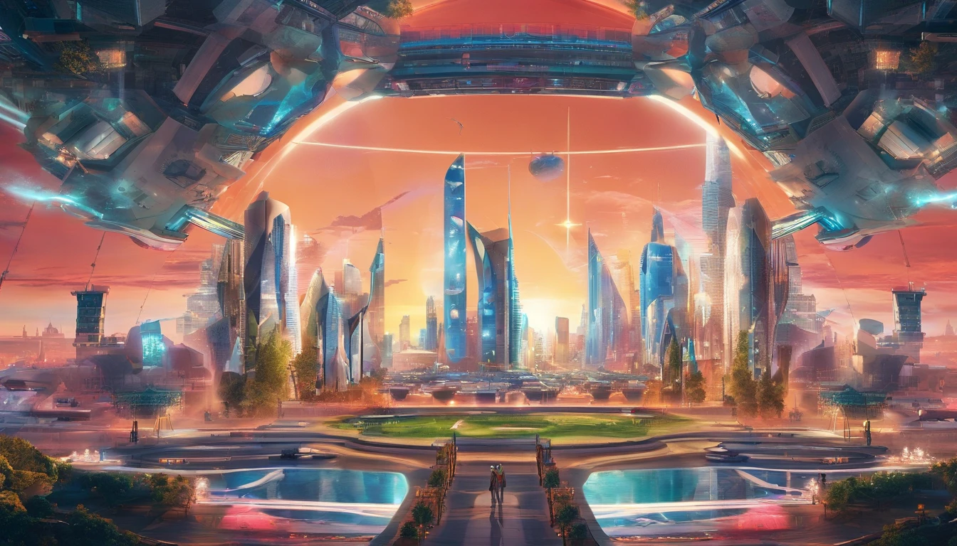 What photography,Ultra photo realsisim,Hyper-detailing,Ultra-wide-angle picture,24th century,sci fi city,and the sun was shining brightly,Tech City of the Future,Oval building,Suspended circular aircraft,Roads leading in all directions,highly detailed surreal vfx,Smudge,Faraway view,super-fine,ultra - detailed,high qulity,8K ,oc rendered,dynamic viewing angle