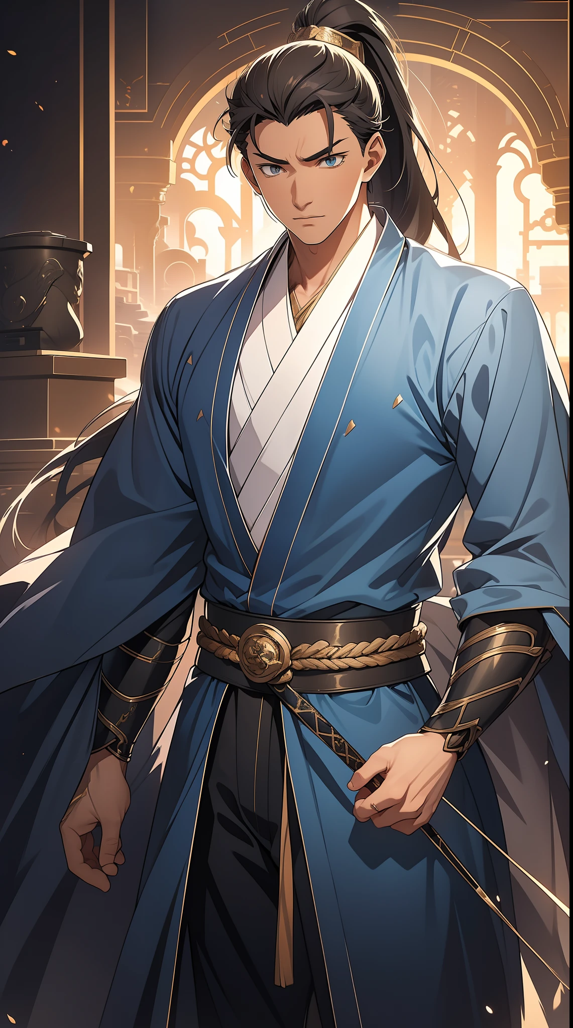 quadratic element,style of anime,mtu(Male Warrior),The proportions are correct,Face details,swordsmen,High ponytail hairstyle,Neck details,There is an Adam's apple,Blue suit,kaftan,long blue robes,clothes details,Handing over,longer sleeves,Game quality,Swordsmanship,Light and shadow tracking,Ray traching,detailed glow,cg render,hair detail,Black long hair,blue colored eyes,Handsome,Handsome,(juvenile sense),Clothing is complicated,Perfectcomposition,Refinement,high qulity,higher details,Lots of details,The background is complex,a sense of atmosphere,