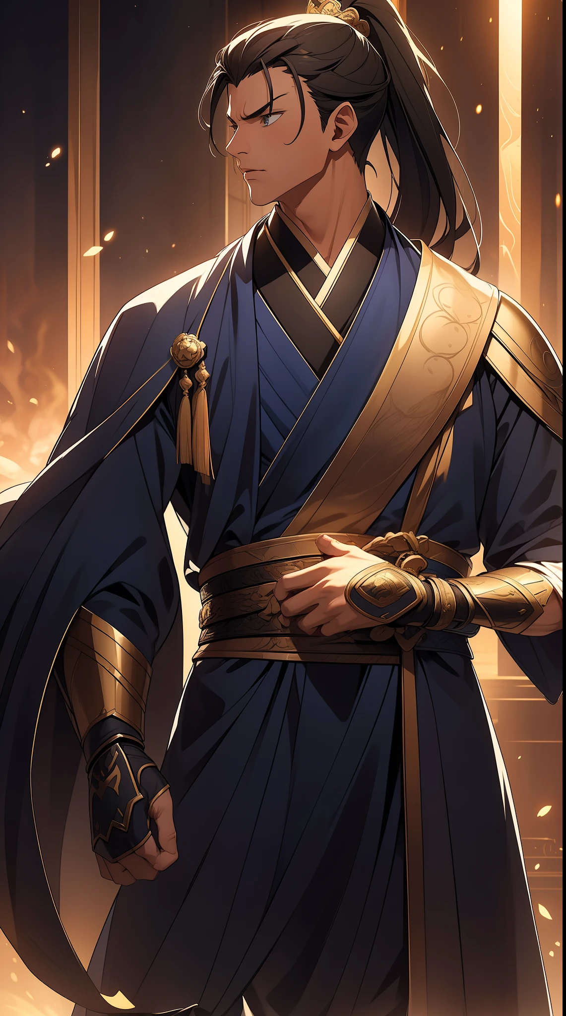 quadratic element，style of anime，mtu（Male Warrior），The proportions are correct，Face details，swordsmen，High ponytail hairstyle，Neck details，There is an Adam's apple，Blue suit，kaftan，long blue robes，clothes details，Handing over，longer sleeves，Game quality，Swordsmanship，Light and shadow tracking，Ray traching，detailed glow，cg render，hair detail，Black long hair，blue colored eyes，Handsome，Handsome，（juvenile sense），Clothing is complicated，Perfectcomposition，Refinement，high qulity，higher details，Lots of details，The background is complex，a sense of atmosphere，