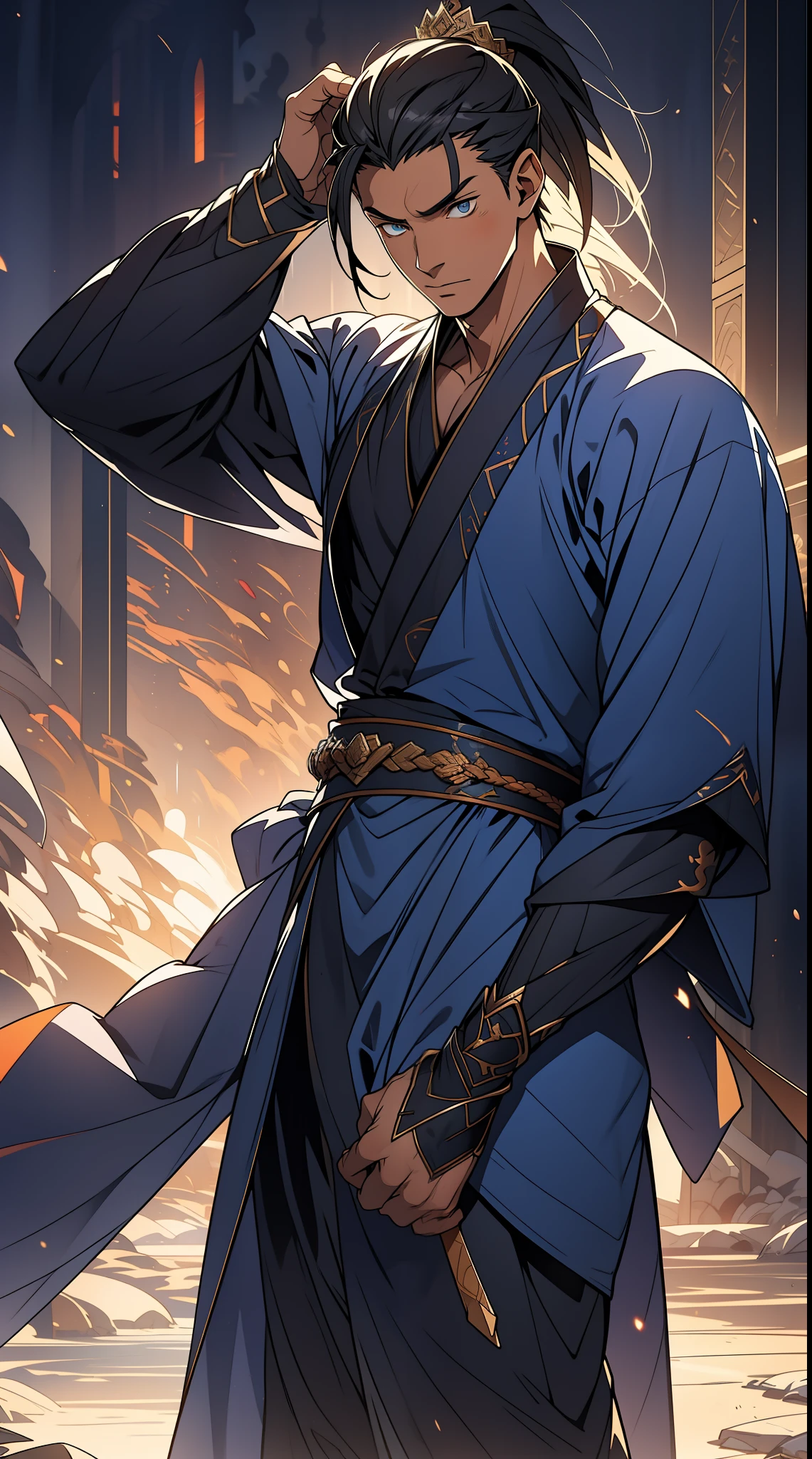 Two-dimensional, anime style, man (male warrior), muscle, correct proportions, face details, martial arts, high ponytail hairstyle, sweating, sweaty face, drooling, neck details, with Adam's apple, wet, wet, Hanfu costume, long robe, embroidered robe, dragon robe, clothing details, collar, long sleeves, game quality, swordsman demeanor, light and shadow tracing, ray tracing, detail glow, CG rendering, hair details, long black hair, golden eyes, sweaty face, handsome, handsome, sweat beads slipping down the neck, (juvenile feeling), complex clothing, wet, wet, perfect composition, refinement, high quality, more details, a lot of details, complex background, atmosphere,