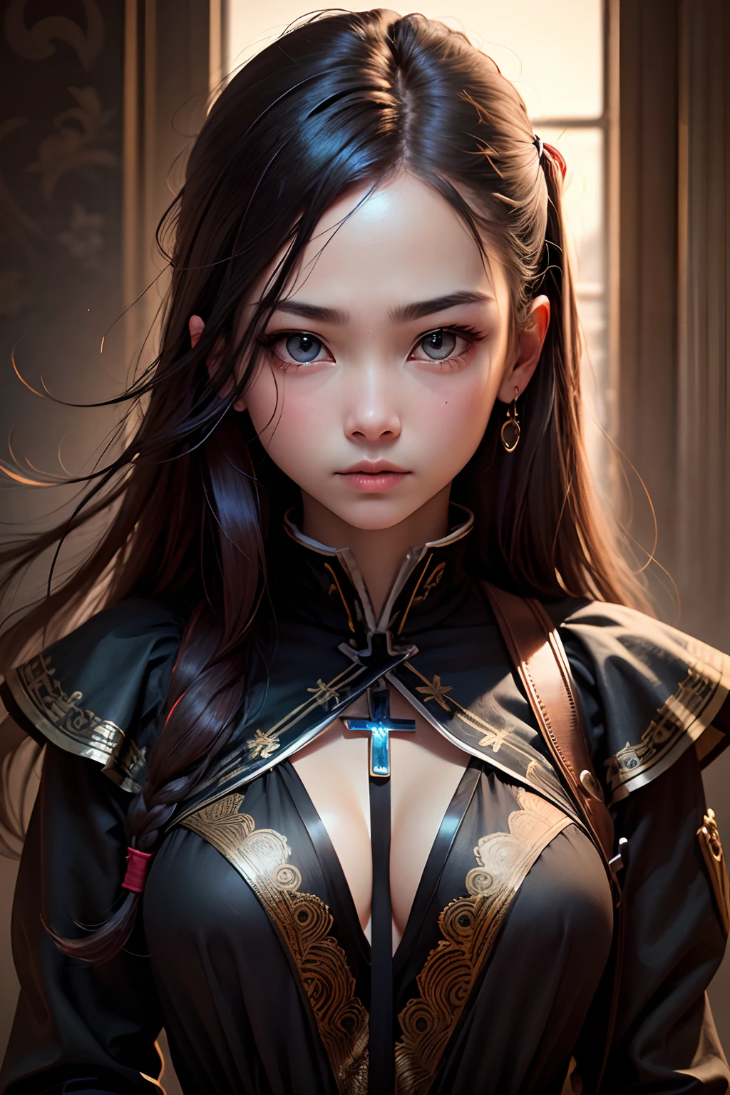 Best Quality, 超A high resolution, 、top-quality、high-detail、Eyes balanced between left and right、cool、sadness、Front face、Detailed eye shape、Well-formed eyes、Adults、God Cross