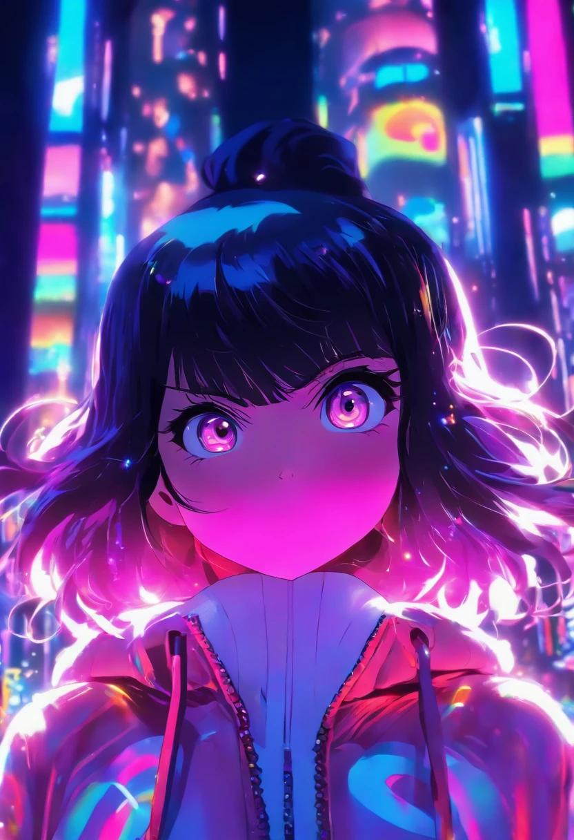 Young adult girl with black layered hair, straight front bangs, purple right eye and pink left eye, white holographic Jacket with hood, Night background with neon lights in amusement park, different expressions, Background bubbles reflected with light