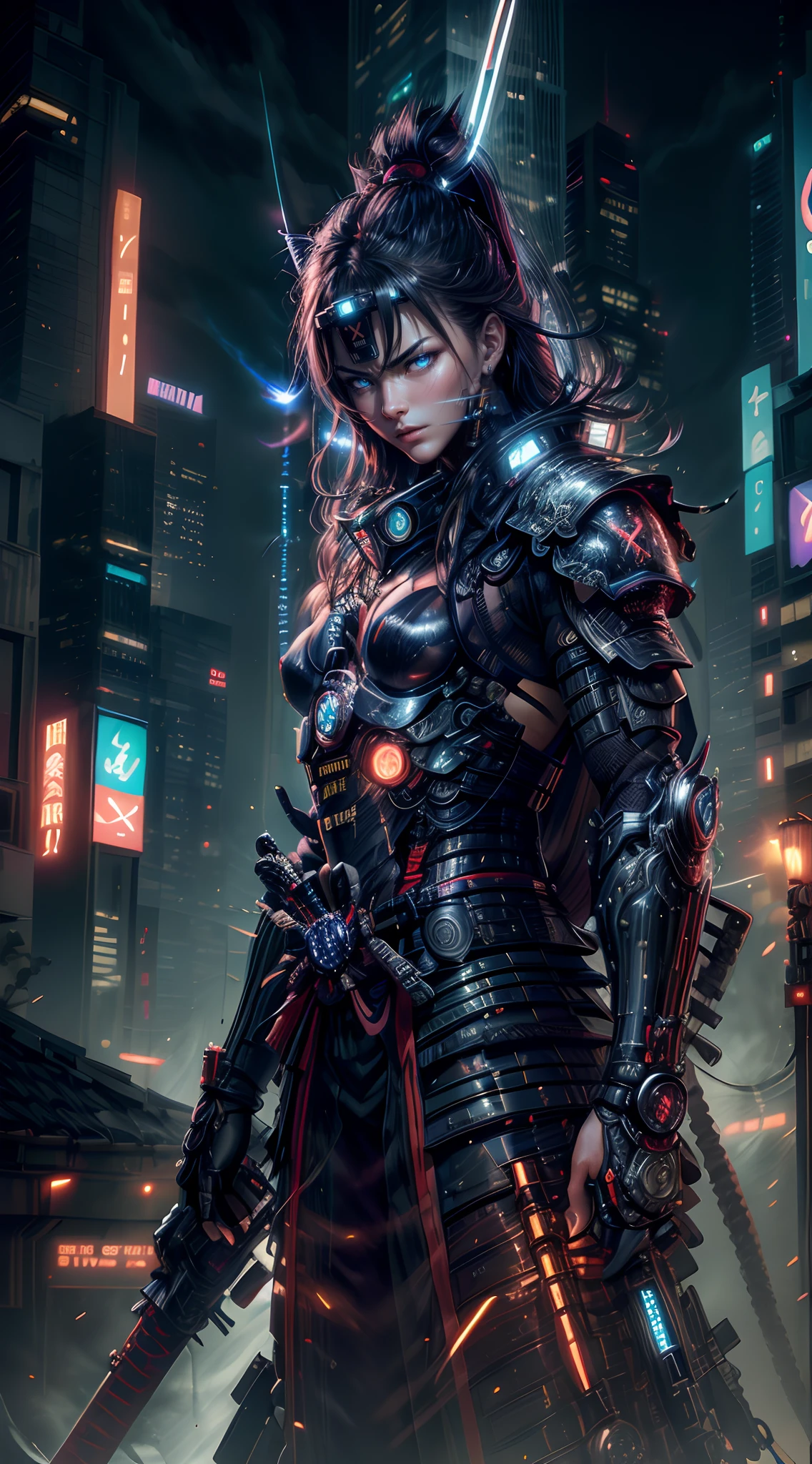 (masterpiece, high resolution, illustration:1.3), (cybernetic samurai:1.2), (futuristic hero:1.2), (Samurai X:1.2), iconic character, (intricate mechanical details:1.2), (sleek and polished armor:1.1), (luminous energy lines:1.2), (enhanced robotic limbs:1.1), (penetrating cyborg eyes:1.2), (mighty energy katana:1.2), (futuristic city backdrop:1.2), (nighttime skyline:1.1), (neon lights:1.2), (hovering vehicles:1.1), (dramatic moonlit sky:1.1), (dynamic action pose:1.2), (dashing through the air:1.1), atmospheric lighting, captivating composition, looking at viewer, full body