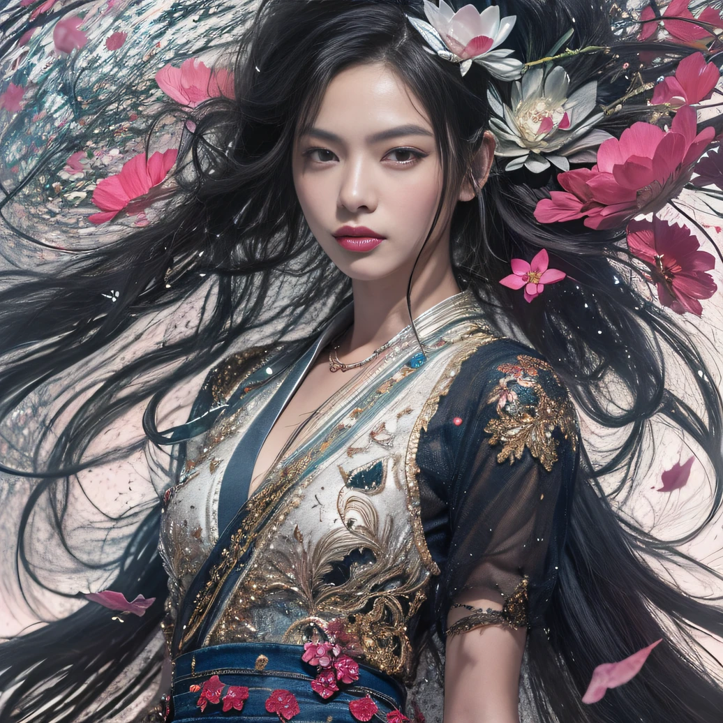 32K(tmasterpiece,k hd,hyper HD,32K)Long flowing black hair,ponds,zydink, a color, Aozhou people (Concubine girl), (Purple silk scarf), Combat posture, looking at the ground, long whitr hair, Floating hair, Carp pattern headdress, Chinese long-sleeved clothing, (Abstract gouache splash:1.2), Pink petal background,Pink and white lotus flowers fly(realisticlying:1.4),Black color hair,Fallen leaves flutter,The background is pure, A high resolution, the detail, RAW photogr, Sharp Re, Nikon D850 Film Stock Photo by Jefferies Lee 4 Kodak Portra 400 Camera F1.6 shots, Rich colors, ultra-realistic vivid textures, Dramatic lighting, Unreal Engine Art Station Trend, cinestir 800,Long flowing black hair,Denim skirt