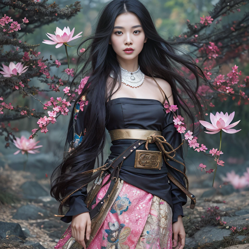 32K（tmasterpiece，k hd，hyper HD，32K）Long flowing black hair，ponds，zydink， a color， Aozhou people （Concubine girl）， （Purple silk scarf）， Combat posture， looking at the ground， long whitr hair， Floating hair， Carp pattern headdress， Chinese long-sleeved clothing， （Abstract gouache splash：1.2）， Pink petal background，Pink and white lotus flowers fly（realisticlying：1.4），Black color hair，Fallen leaves flutter，The background is pure， A high resolution， the detail， RAW photogr， Sharp Re， Nikon D850 Film Stock Photo by Jefferies Lee 4 Kodak Portra 400 Camera F1.6 shots, Rich colors, ultra-realistic vivid textures, Dramatic lighting, Unreal Engine Art Station Trend, cinestir 800，Long flowing black hair，Denim skirt