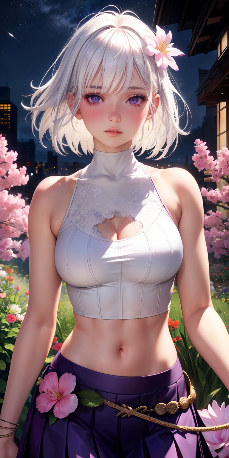 realistic, 1girl, white hair, purple eyes, glowing eyes, crop top, skirt, parted lips, blush, night, flowers, sun, sunlight,