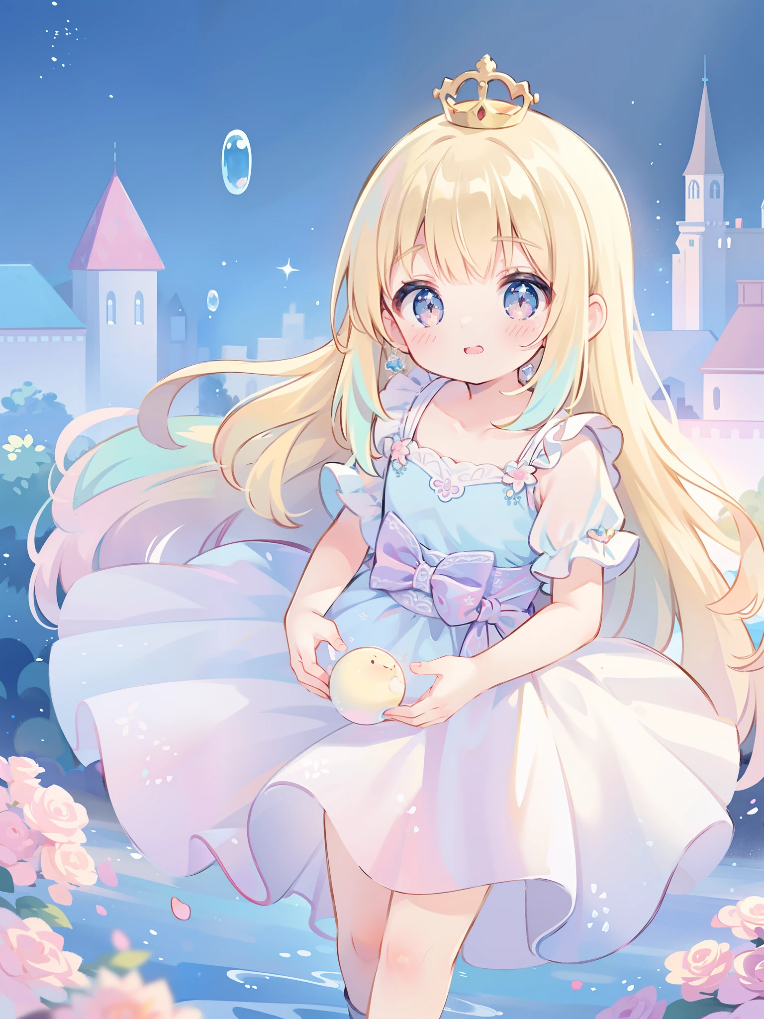 masterpiece, best quality, 8k resolution, sharp focus, intricate detail, beautiful girl, sparkling eyes, golden ratio face, otherworldly liquid, watercolor, ((pastel colors)), bright colors, whimsical, colorful, sharp focus, high resolution, fine detail, princess fantasy ballgown, ((round eyes)), iridescent bubbles, castle landscape in background
