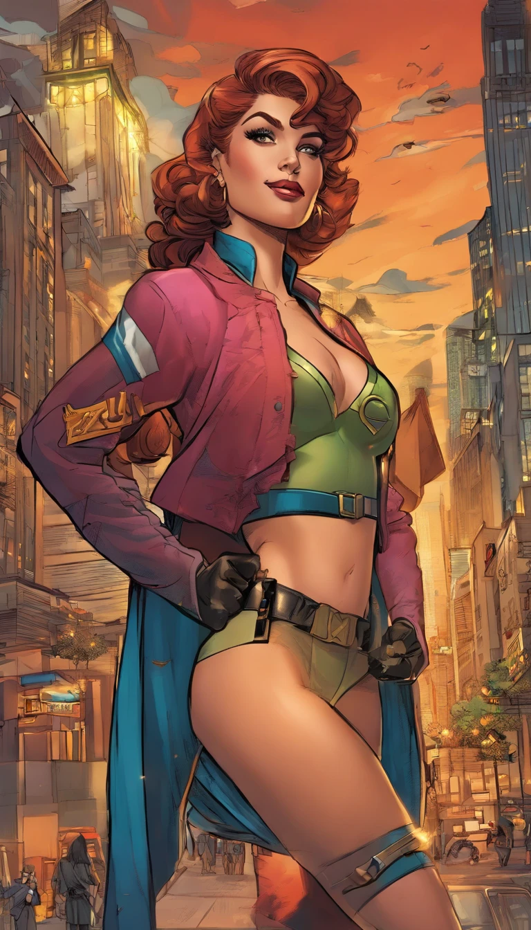Uma mulher loira,olhos azuis claro, Wearing Retro Cyberpunk Style Glasses,Your clothes are short,Your body is quite defined,Your veins are throbbing,She's riding a futuristic and stylish bike,The atmosphere is a sunset in the desert,com algumas montanhas ao longe,a mulher carrega uma mochila marrom de couro.