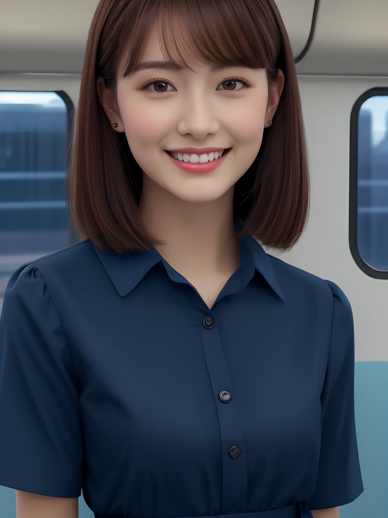 masterpiece, close up shot of a face, front view, 1 woman per 1 photo, a Japanese young pretty woman, hyper pretty face, 18 years old, staring at a city view on the train while carrying a tote bag on her shoulder, big smile, glamorous figure, wearing a short sleeves silky white collared shirt with shiny satin red plain bow tie, wearing a dark blue pleated long skirt, glossy lips, double eyelids in both eyes, natural makeup, long eyelashes, shiny smooth light brown hair of medium length, asymmetrical bangs, tanned skin, wearing a dark blue pleated skirt, head in the frame, central image, 8K resolution, high detail, detailed hairstyle, Detailed Face, spectacular cinematic lighting, octane rendering, vibrant, hyper realistic, perfect limbs, perfect anatomy