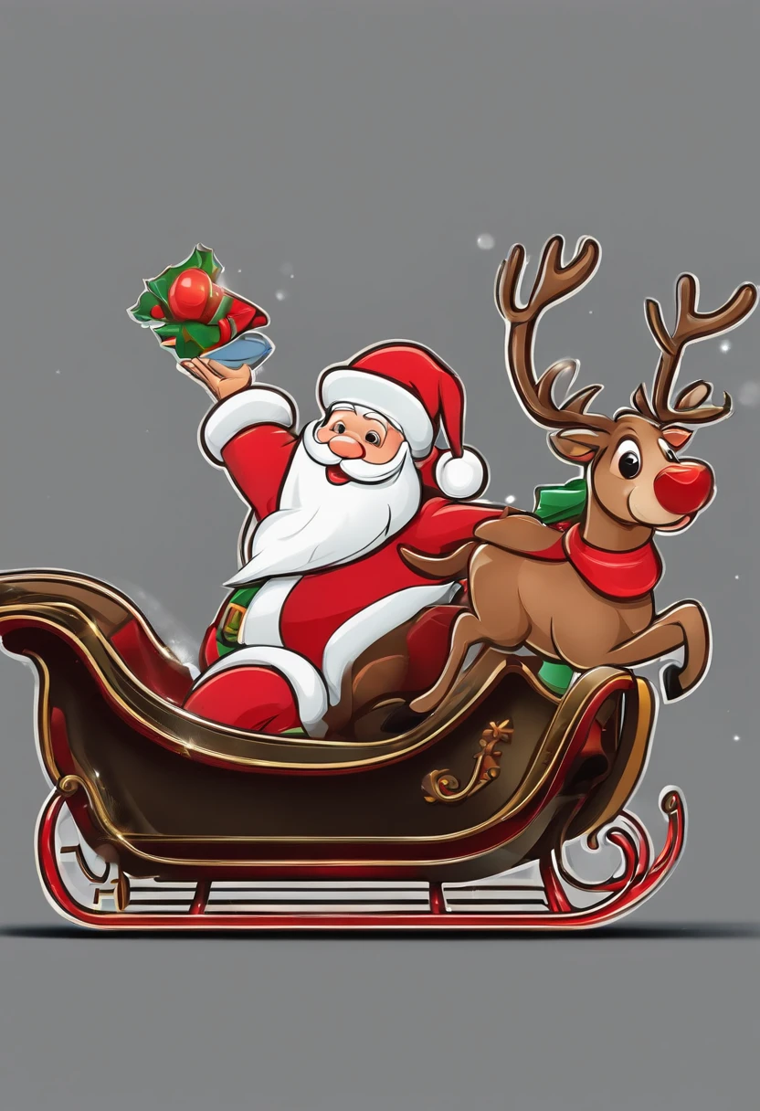Christmas elements, santa claus Reindeer pulling a sleigh Black background, Illustrated minimalist image of a set of exclusive stickers