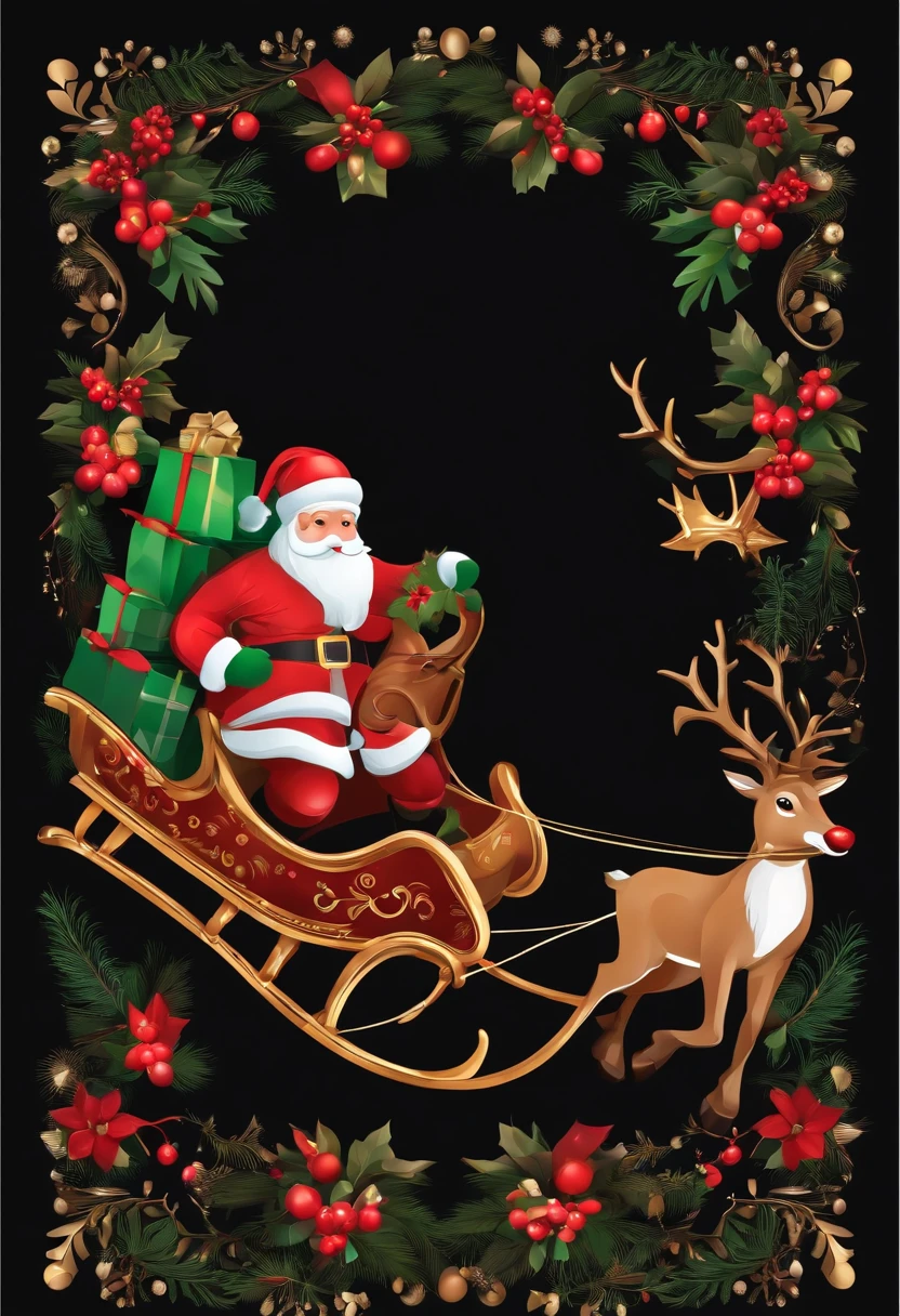 Christmas elements, santa claus Reindeer pulling a sleigh Black background, Illustrated minimalist image of a set of exclusive stickers