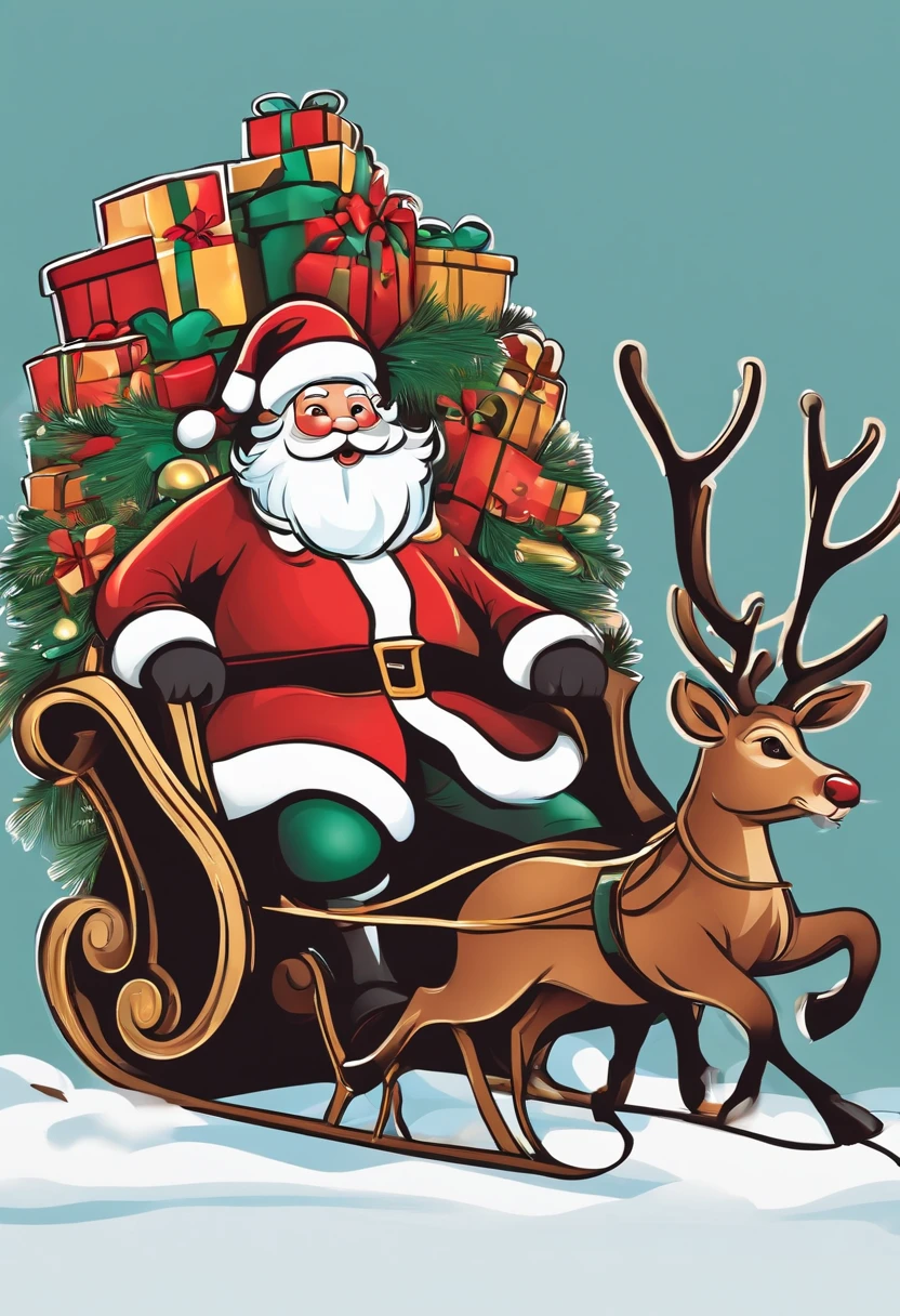 Christmas elements, santa claus Reindeer pulling a sleigh Black background, Illustrated minimalist image of a set of exclusive stickers