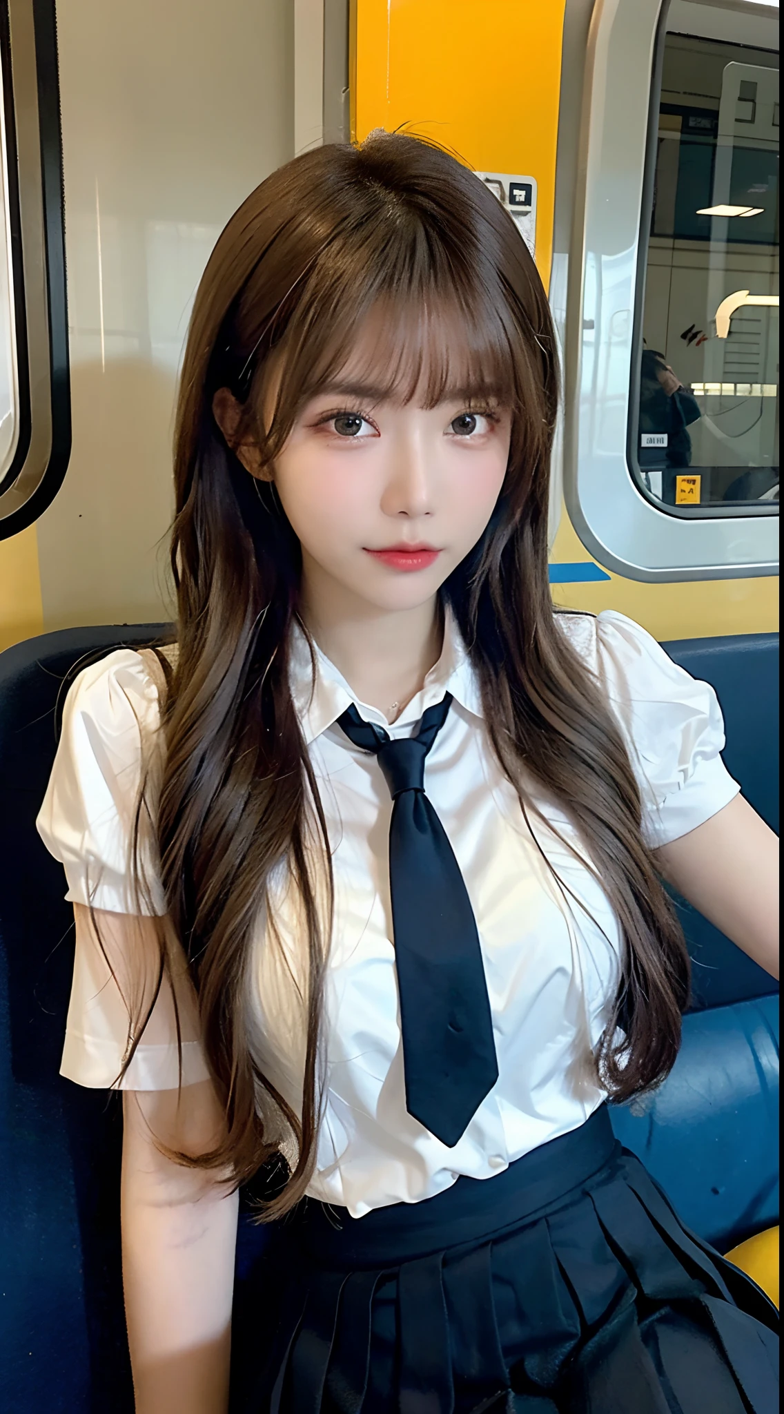 (masterpiece, bestquality:1.2), 10, 15 me, 85 mm., official art, RAW photo, Absurd, white blouse, pretty face, Up Close, Upper body, Violaceaess, Gardenia, beautiful girl, School uniform, (Navy pleated skirt:1.1), Curly waist, thights, short sleeves, In the train, Sit on the bench seat......................., looking at the audience, no makeup, (smile:0.4), grain of film, Chromatic aberration, crisp focus, face lights, Clear lighting, adolescent, detailed face, Bokeh background, (Dark red tie:1.1)