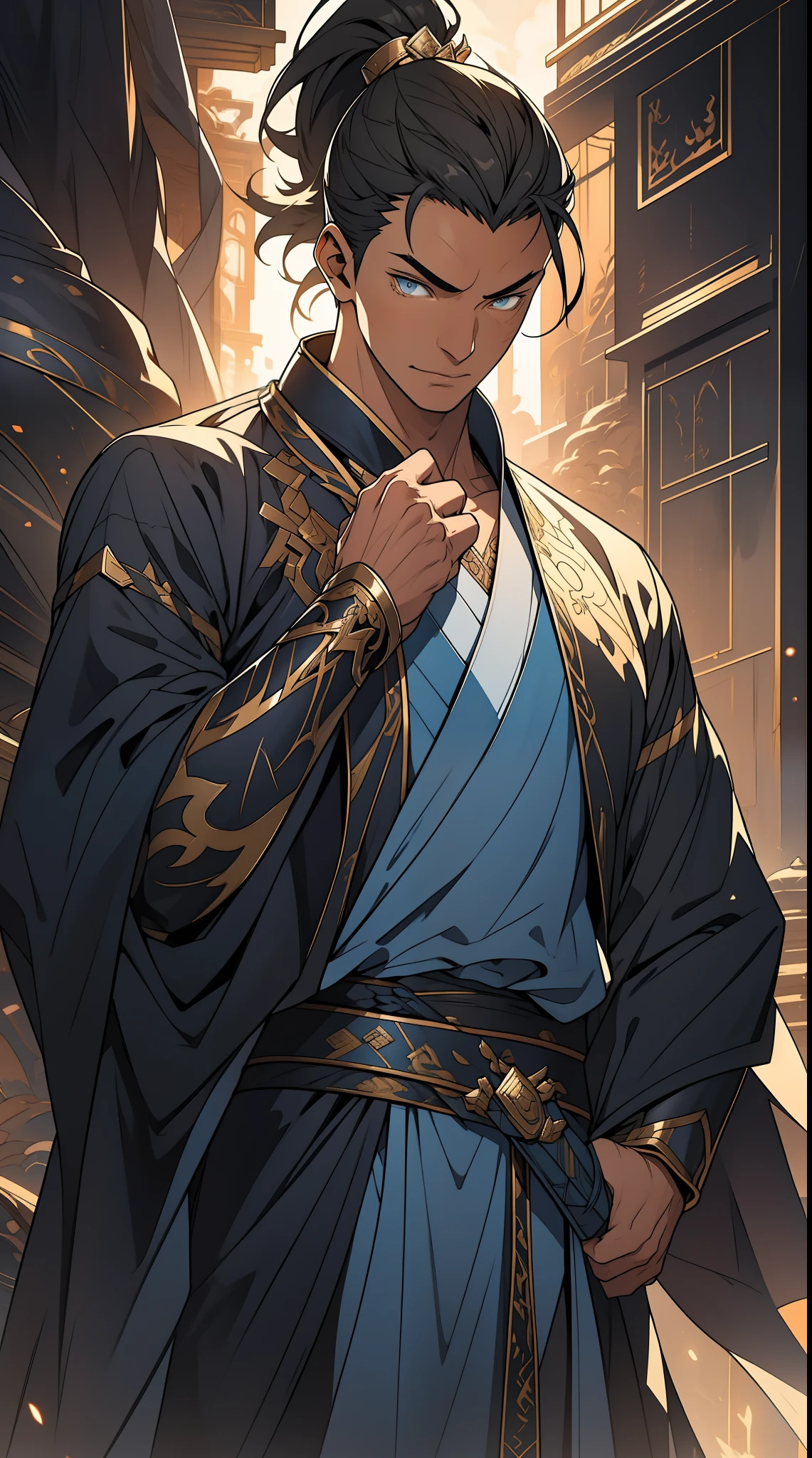 high quality,Best picture quality,Ultra-clear,Level Lighting,Ultra Detailed,Ray Tracing,individual(Young men),Handsome,(Youthful feeling),Black long hair,High Ponytail Hairstyle,blue eyes,Perfect male body,Wearing a blue ancient robe,Sitting astride,Crotch view