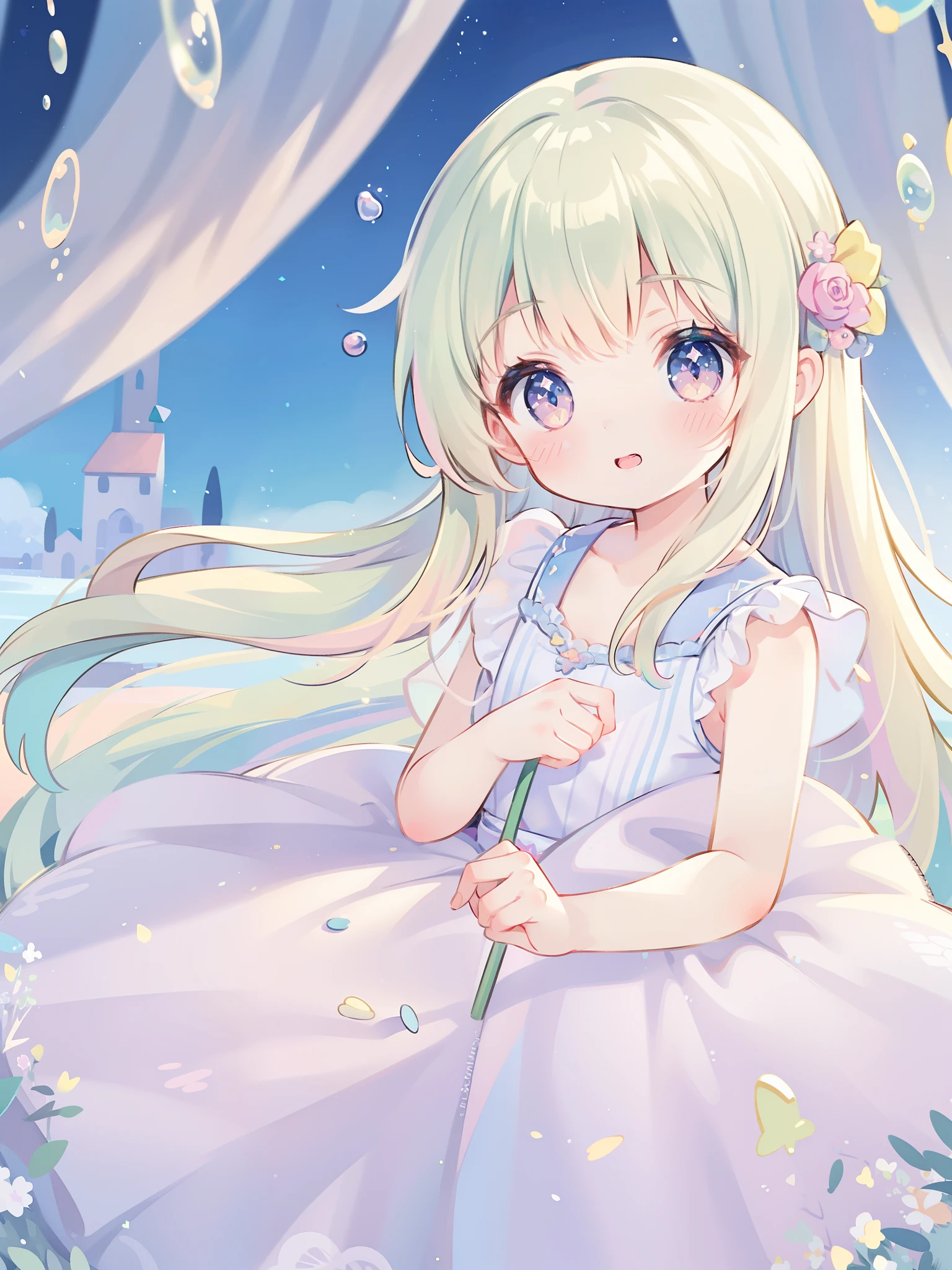 masterpiece, best quality, 8k resolution, sharp focus, intricate detail, beautiful girl, sparkling eyes, golden ratio face, otherworldly liquid, watercolor, ((pastel colors)), bright colors, whimsical, colorful, sharp focus, high resolution, fine detail, princess fantasy ballgown, ((round eyes)), iridescent bubbles, castle landscape in background