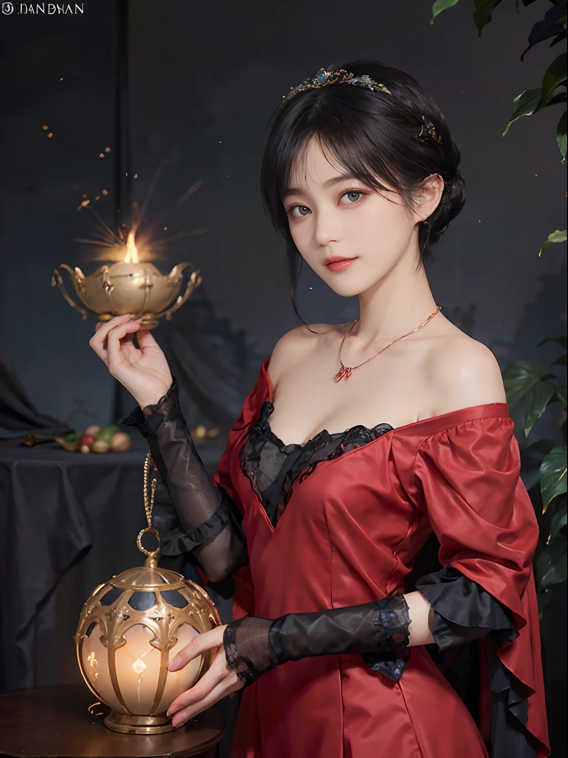 ((1womanl)),  (((Black-short-hair))), （masuter piece：1,3）、top-quality、​masterpiece、hight resolution、Original、highly detailed wallpaper、dress code、Luxurious necklace, (A slight smil)、a small face、((breast))、(Red and blue dresses)、(light on face)、Live-action style, Beautiful facial features, darkened room, ((Hu Dilan)), Masquerade, (fancy-dress ball), masquerade ball, masquerade party