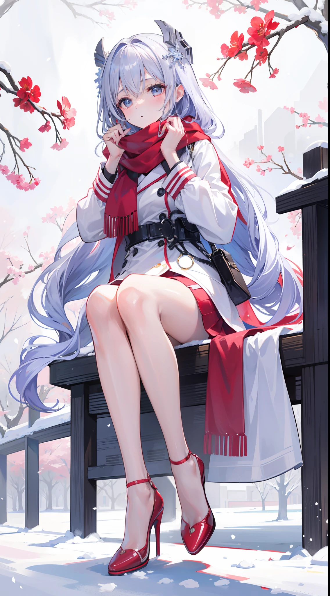 A peerless beauty,Beautiful facial features,putting makeup on,Blushlush,(cabelos preto e longos,White down jacket,Red scarf),high-heels,(Fuyuhime love song,plane trees,Snowflakes flying,White snow),Realiy,modern day,Portrait photo,Get close to the lens,depth of fields,stand posture