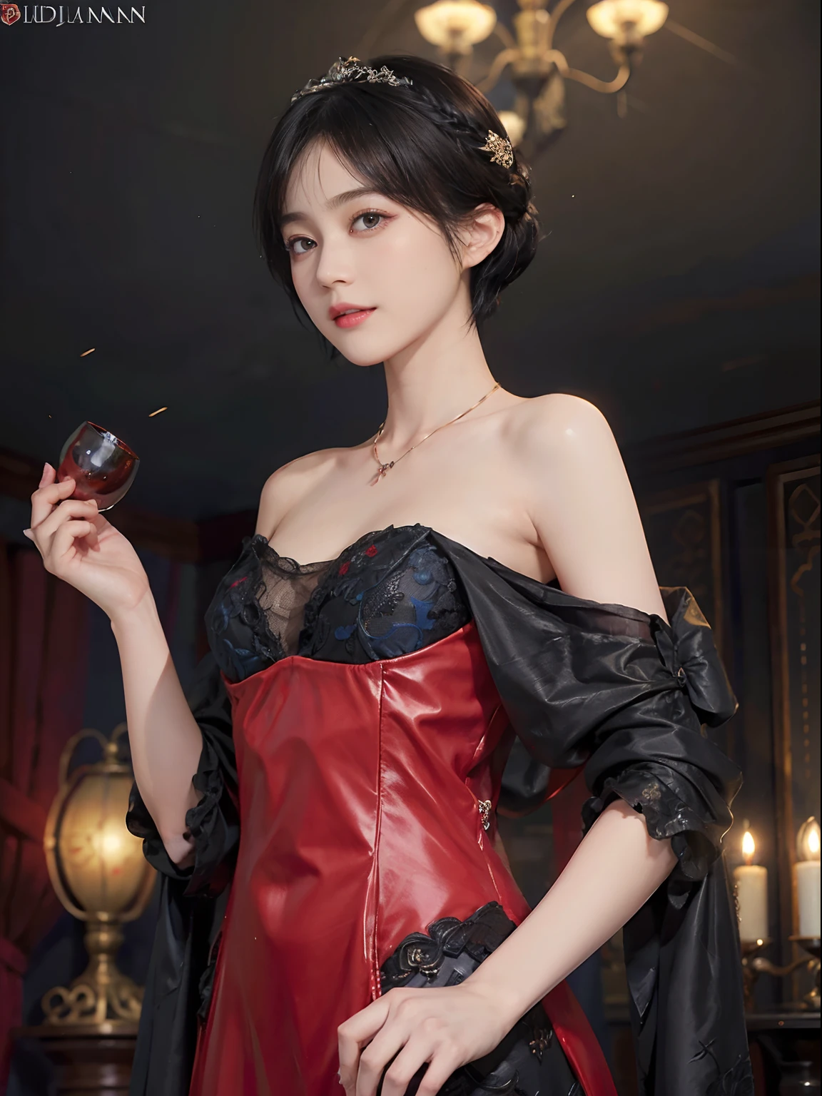 ((1womanl)),  (((Black-short-hair))), （masuter piece：1,3）、top-quality、​masterpiece、hight resolution、Original、highly detailed wallpaper、dress code、Luxurious necklace, (A slight smil)、a small face、((breast))、(Red and blue dresses)、(light on face)、Live-action style, Beautiful facial features, darkened room, ((Hu Dilan)), Masquerade, (fancy-dress ball), masquerade ball, masquerade party