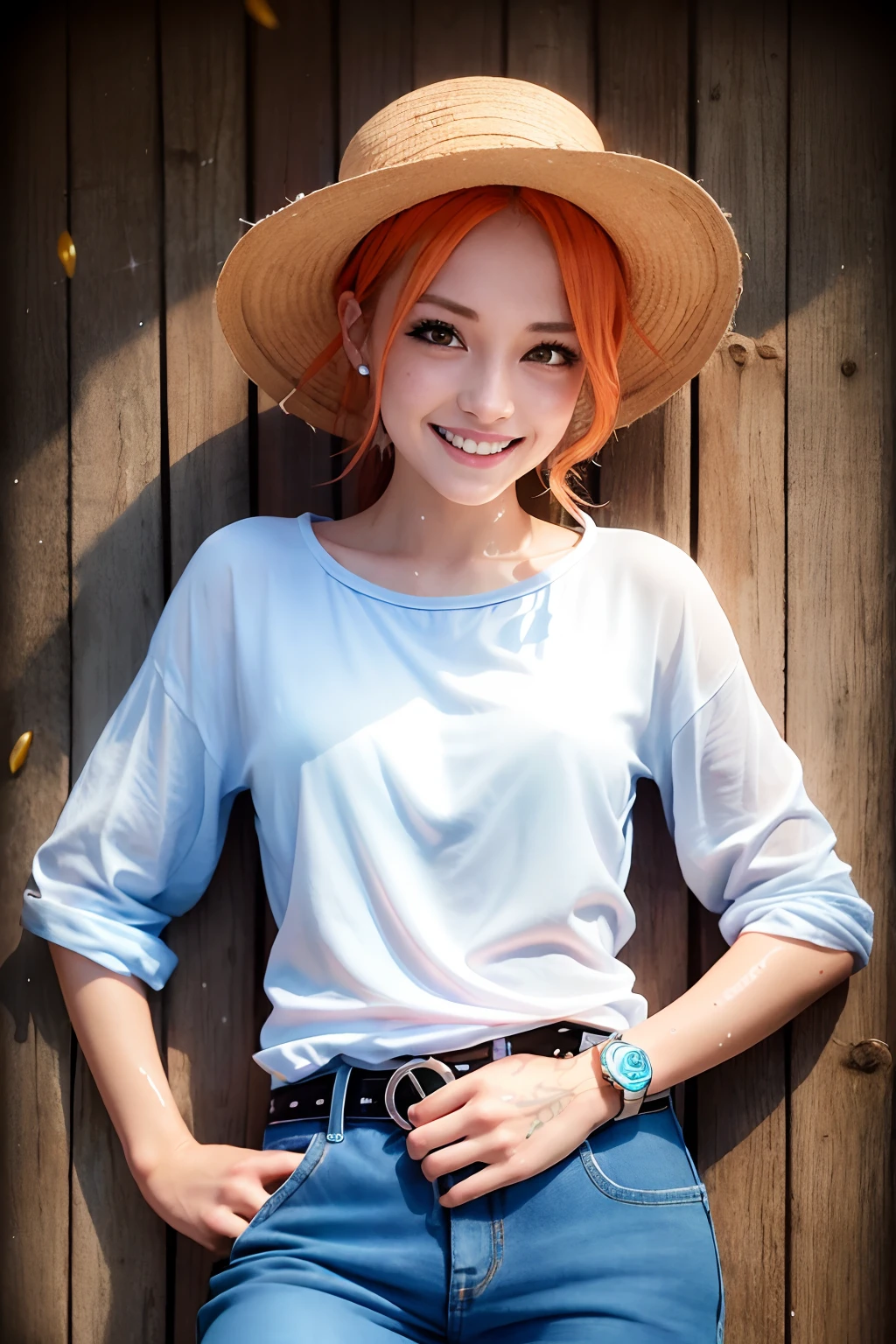 Nami\(one piece\)、orange hair、blue eye、thights、(tattoos:1.2)、Straw hat、white shirts、wet shirt、denim、treasure chest、Shining eyes、wet skin、ssea、a smiling look