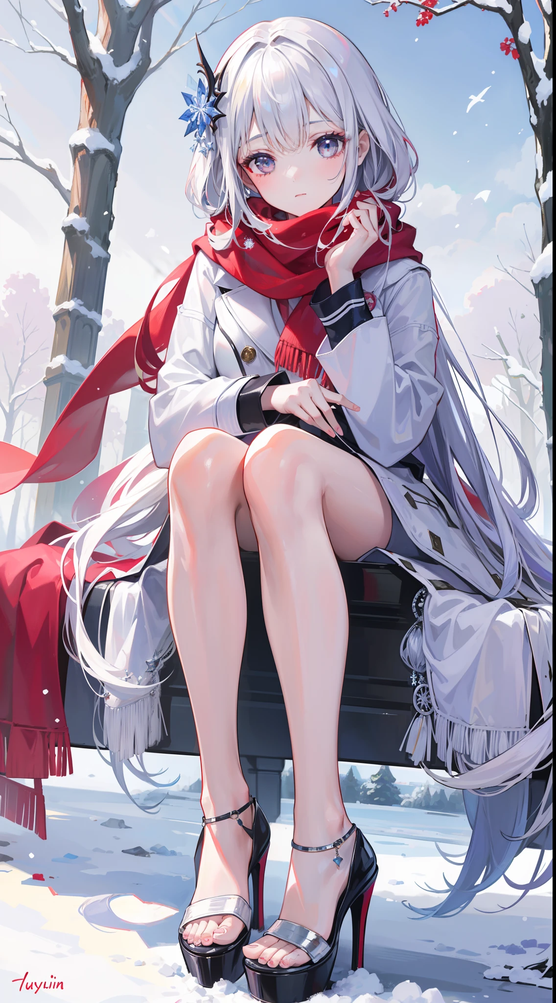 A peerless beauty，Beautiful facial features，putting makeup on，Blushlush，（cabelos preto e longos，White down jacket，Red scarf），high-heels，（Fuyuhime love song，plane trees，Snowflakes flying，White snow），Realiy，modern day，Portrait photo，Get close to the lens，depth of fields，stand posture