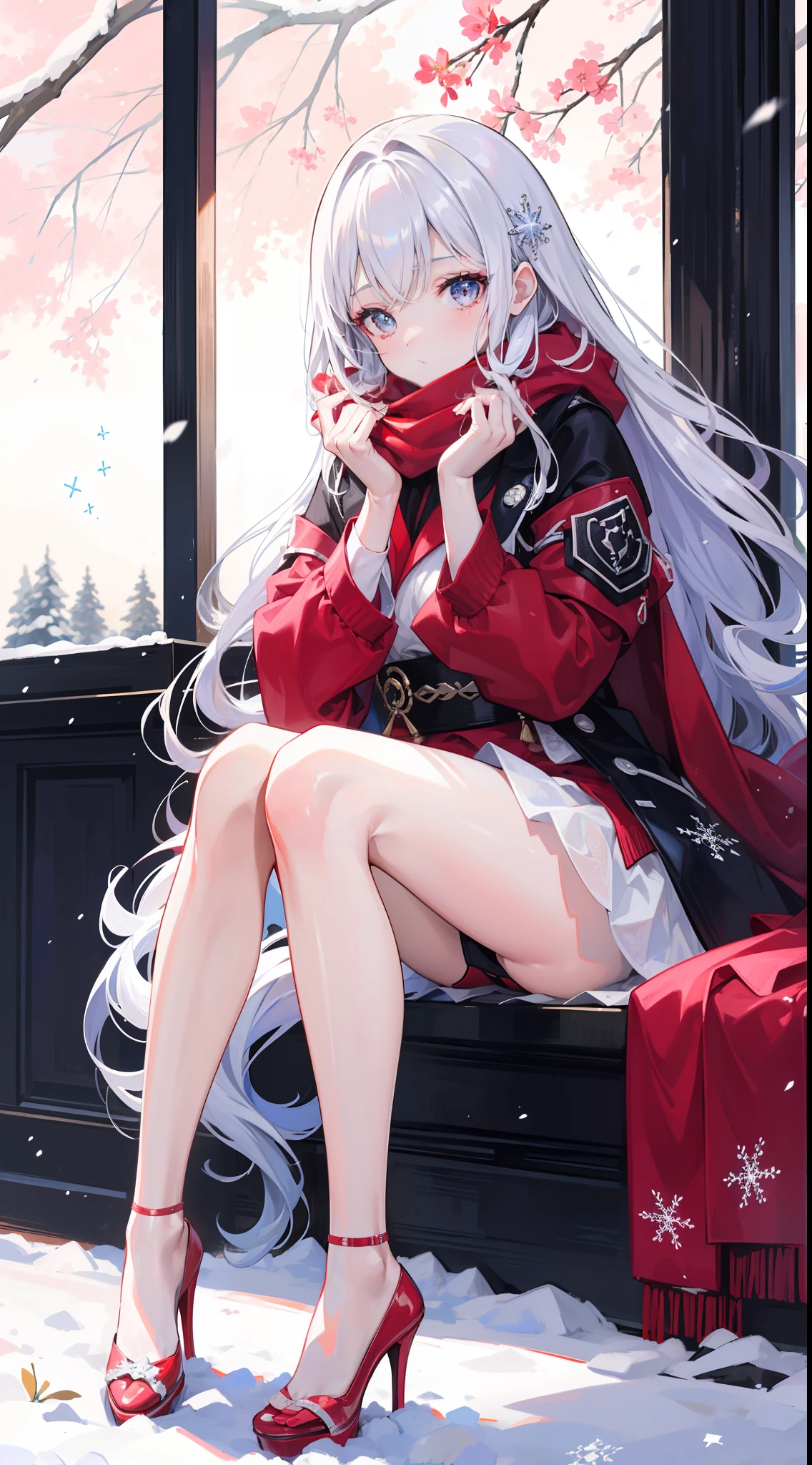 A peerless beauty，Beautiful facial features，putting makeup on，Blushlush，（cabelos preto e longos，White down jacket，Red scarf），high-heels，（Fuyuhime love song，plane trees，Snowflakes flying，White snow），Realiy，modern day，Portrait photo，Get close to the lens，depth of fields，stand posture