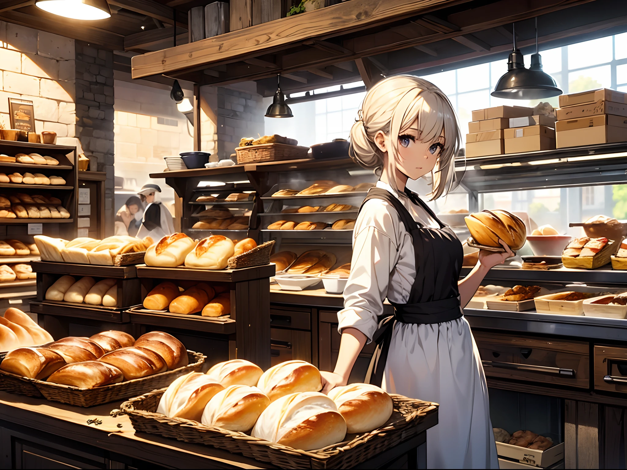 Pixie taking bread out of the oven. Bakery, busy preparing for opening. Witch kneading bread.