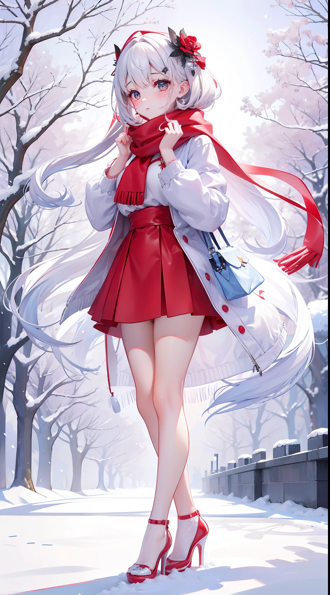 A peerless beauty，Beautiful facial features，putting makeup on，Blushlush，（cabelos preto e longos，White down jacket，Red scarf），high-heels，（Fuyuhime love song，plane trees，Snowflakes flying，White snow），Realiy，modern day，Portrait photo，Get close to the lens，depth of fields，stand posture