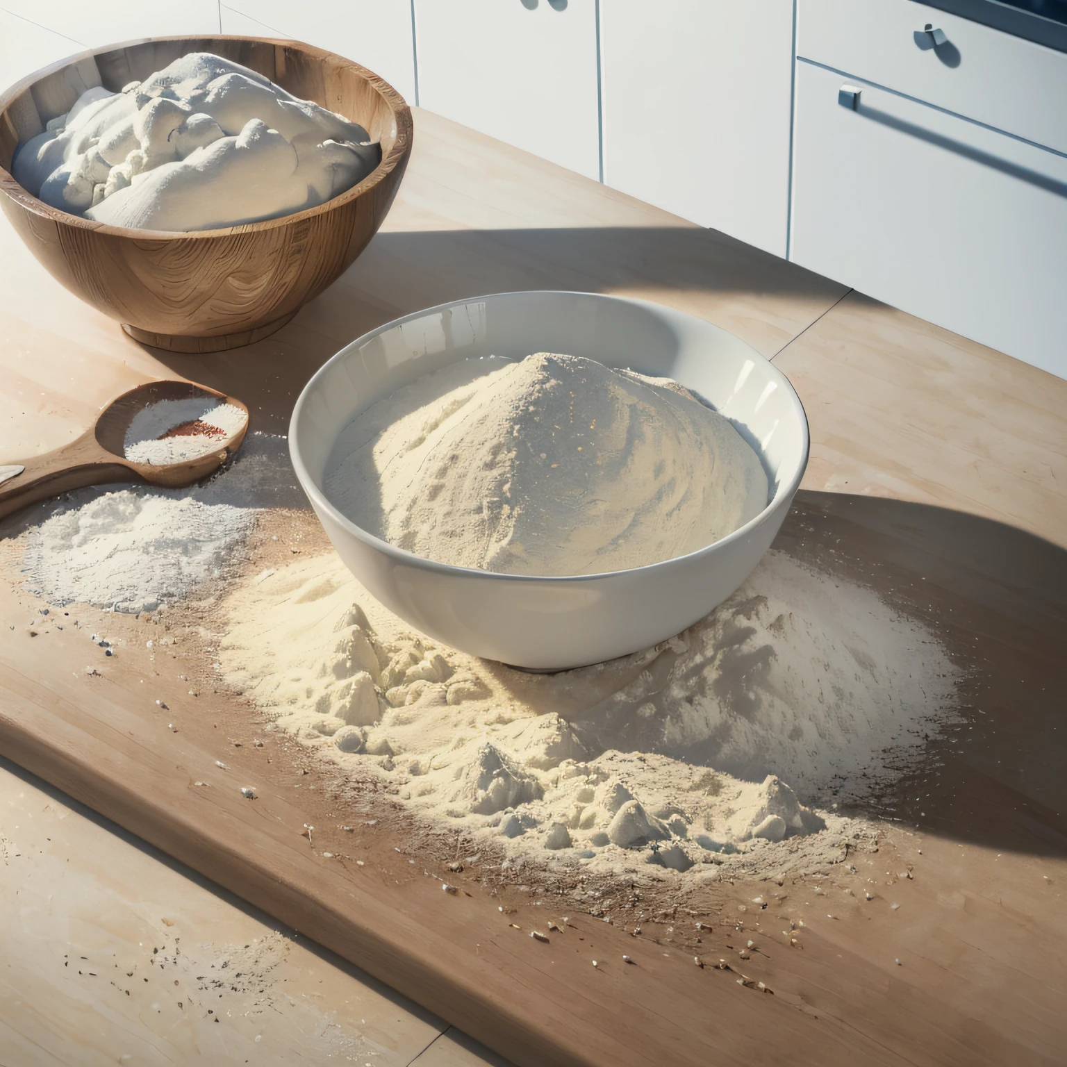 (Masterpiece:1.3), (8K, Photorealistic, Raw photography, Best Quality:1.4), (Ultra high Detailed), (In the kitchen), (On the table are a cutting board, a bowl, a measuring cup, a digital scale, etc.), (Flour sprinkled on the board again), (Flour kneaded into lumps on a cutting board：1.2),