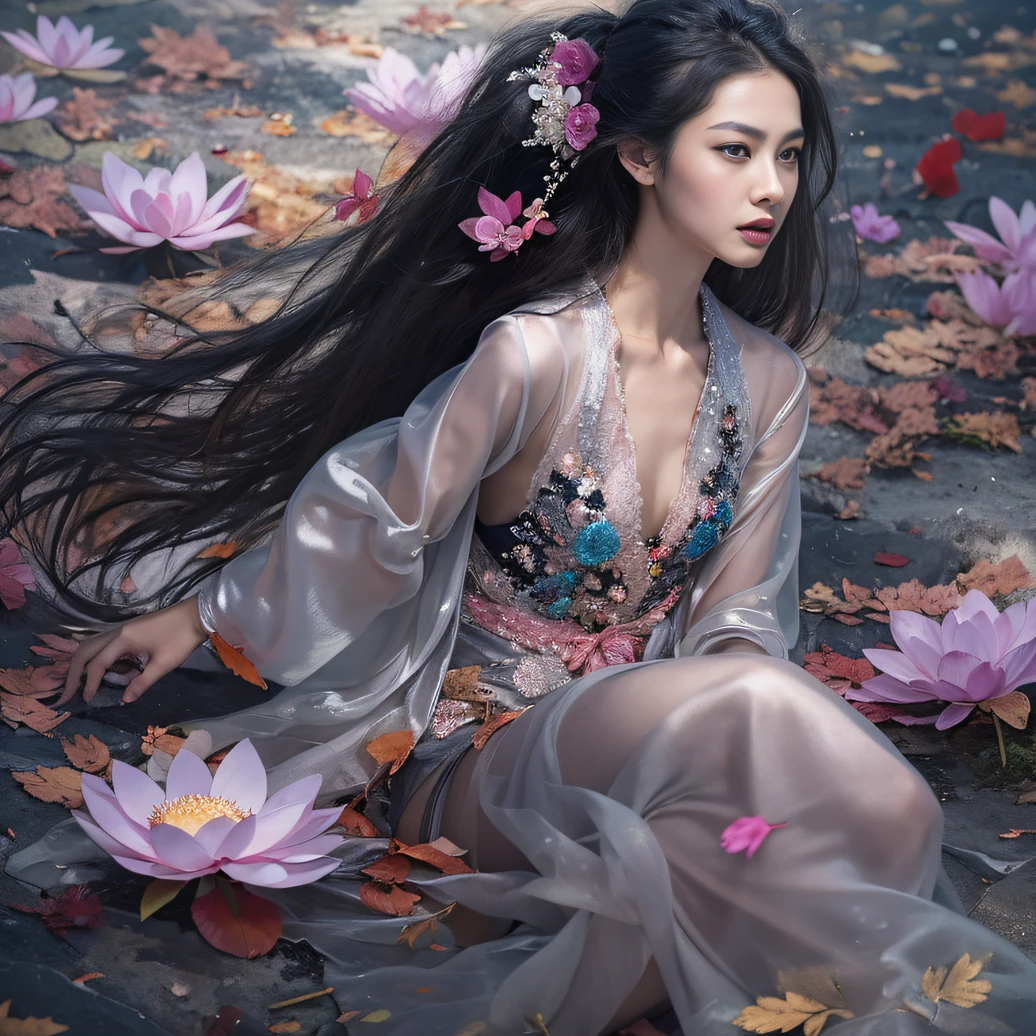 32K(tmasterpiece,k hd,hyper HD,32K)Long flowing black hair,ponds,zydink, a color, Aozhou people (Concubine girl), (Purple silk scarf), Combat posture, looking at the ground, long whitr hair, Floating hair, Carp pattern headdress, Chinese long-sleeved clothing, (Abstract gouache splash:1.2), Pink petal background,Pink and white lotus flowers fly(realisticlying:1.4),Black color hair,Fallen leaves flutter,The background is pure, A high resolution, the detail, RAW photogr, Sharp Re, Nikon D850 Film Stock Photo by Jefferies Lee 4 Kodak Portra 400 Camera F1.6 shots, Rich colors, ultra-realistic vivid textures, Dramatic lighting, Unreal Engine Art Station Trend, cinestir 800,Long flowing black hair,Denim skirt