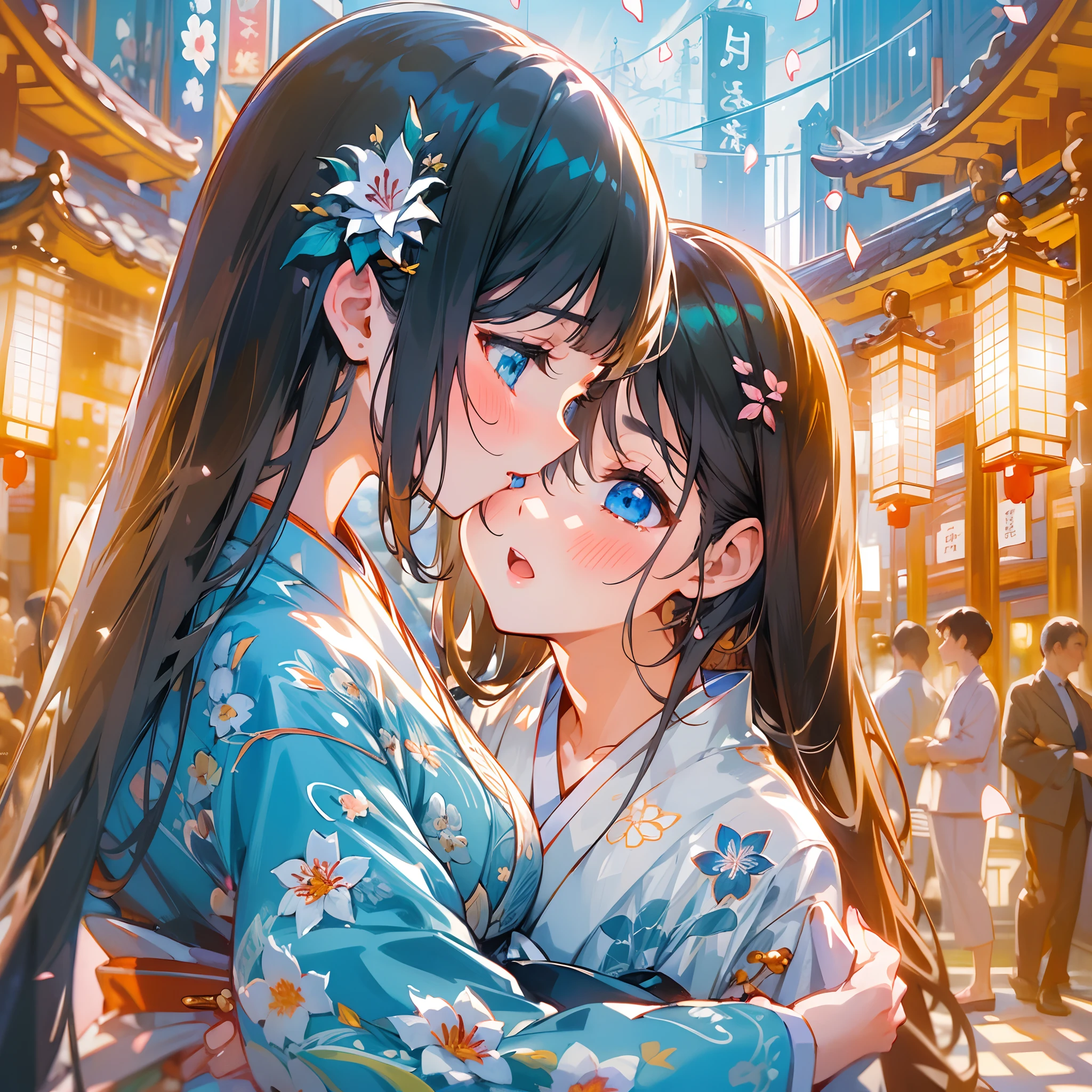 Japanimation, eroge, Incredibly hyper-detailed and intricately realistic, Perfect, Cover art, zoomout, hyper detailed painting, luminism, with an intricate, 4k resolution concept art portrait, extremely high level illustration, 16k, extremely high level illustration, absurd resolution, absurd detailed, f1.4/35mm, soft and warm lighting, (((masterpiece))), best quality, extremely detailed, fantasy lighting, beautiful detailed glow, perspective, depth of field, proportion, blurry background, bokeh, sharp focus, depth and dimension, Japanese scene, Japanese composition, Fantasy lighting, an extremely beautiful detailed Ginza city, Beautiful, beautiful detail girls, (yuri:1.2), (lesbian:1.2), (2 girls:1.2), (kiss: 1.2), (deep kiss:1.2) (hug: 1.2), full body character, Beautiful, Female, Long Black Hair, Azure eyes, Detailed face, White skin, The girl is putting her weight on one leg, lily, Kimono, flower in hair, window, frosted glass, Taisho era, Taisho Roman