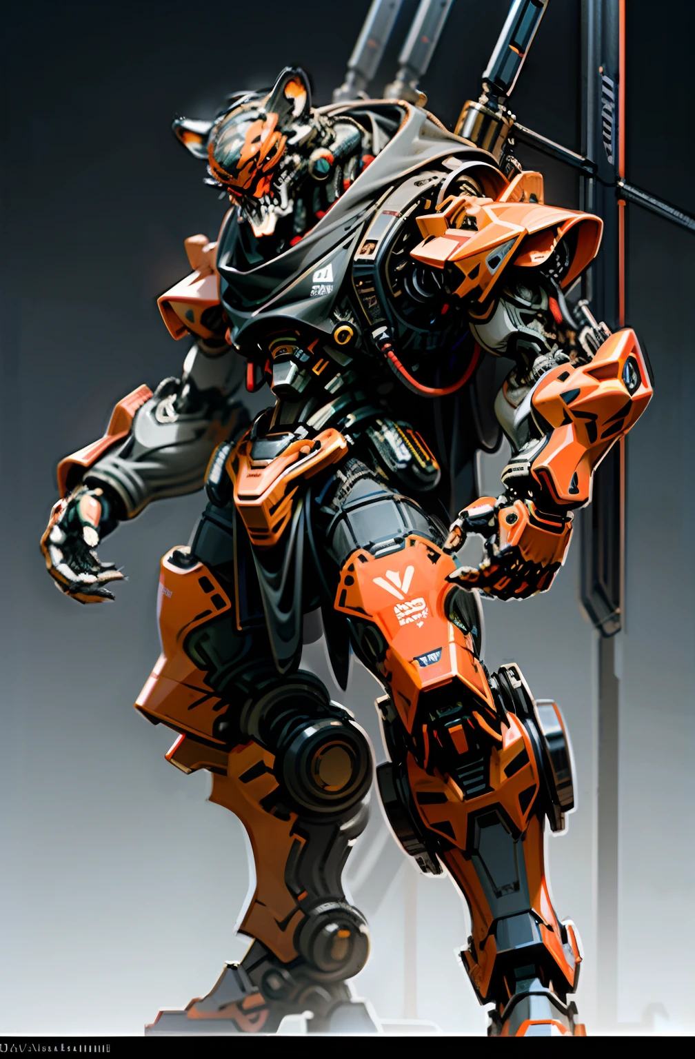 Mechanical masterpiece,Robotic presence,Cybernetic guardian, giant mechanical armour, tiger head, claw weapon, absolutely stunning art,black and red coating, highest quality art, highest resolution, hyper detailed,black and red, futuristic, atmospheric,8k,64k, HD, unparalleled masterpiece, dynamic lighting, cinematic, epic, tiger inspired mech