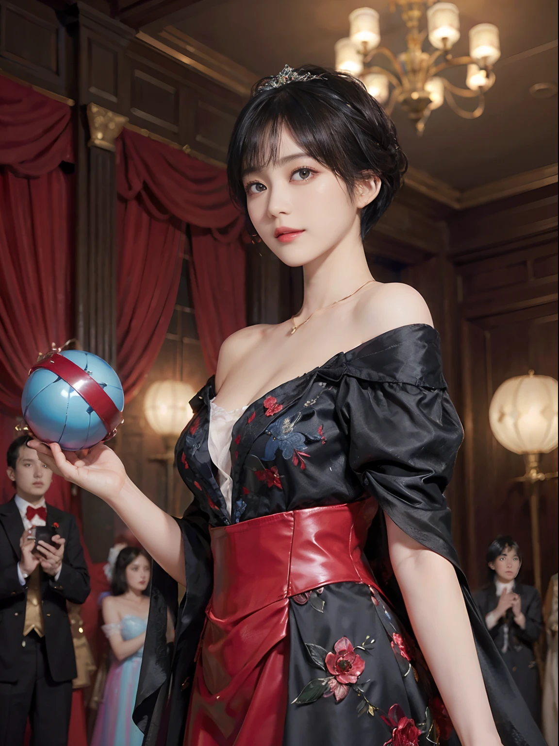 ((1womanl)),  (((Black-short-hair))), （masuter piece：1,3）、top-quality、​masterpiece、hight resolution、Original、highly detailed wallpaper、dress code、Luxurious necklace, (A slight smil)、a small face、((breast))、(Red and blue dresses)、(light on face)、Live-action style, Beautiful facial features, darkened room, ((Hu Dilan)), Masquerade, (fancy-dress ball), masquerade ball, masquerade party