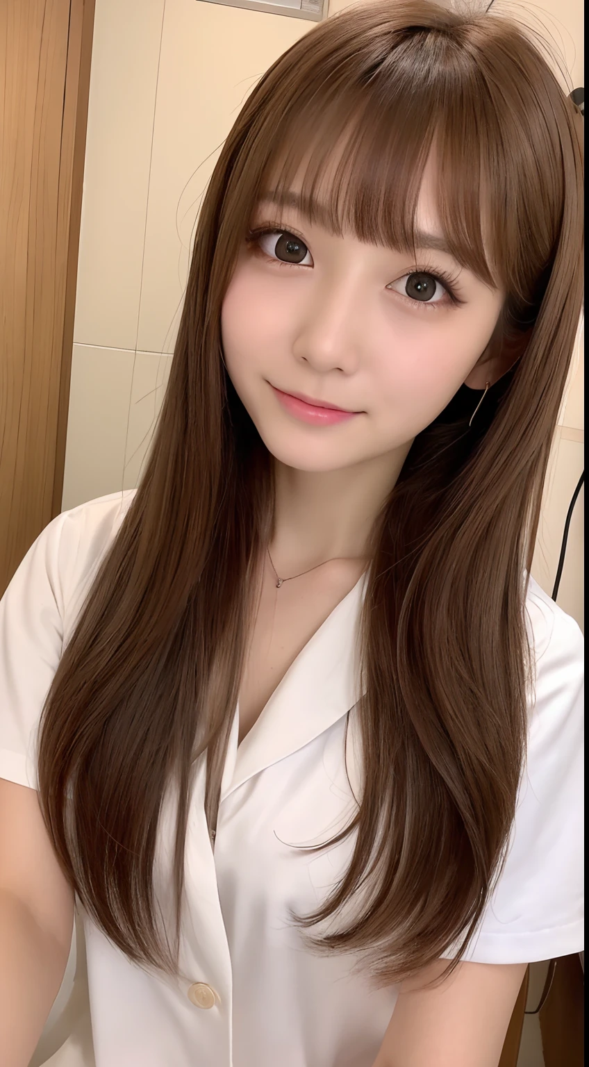 4K、Raw photo、Photoreal Stick、hight resolution、Cute 18 year old woman in Japan , Face like an idol、Brown hair long hair、With bangs、 Cute Real Photo Girl、、Night shift care staff、Nursing homes