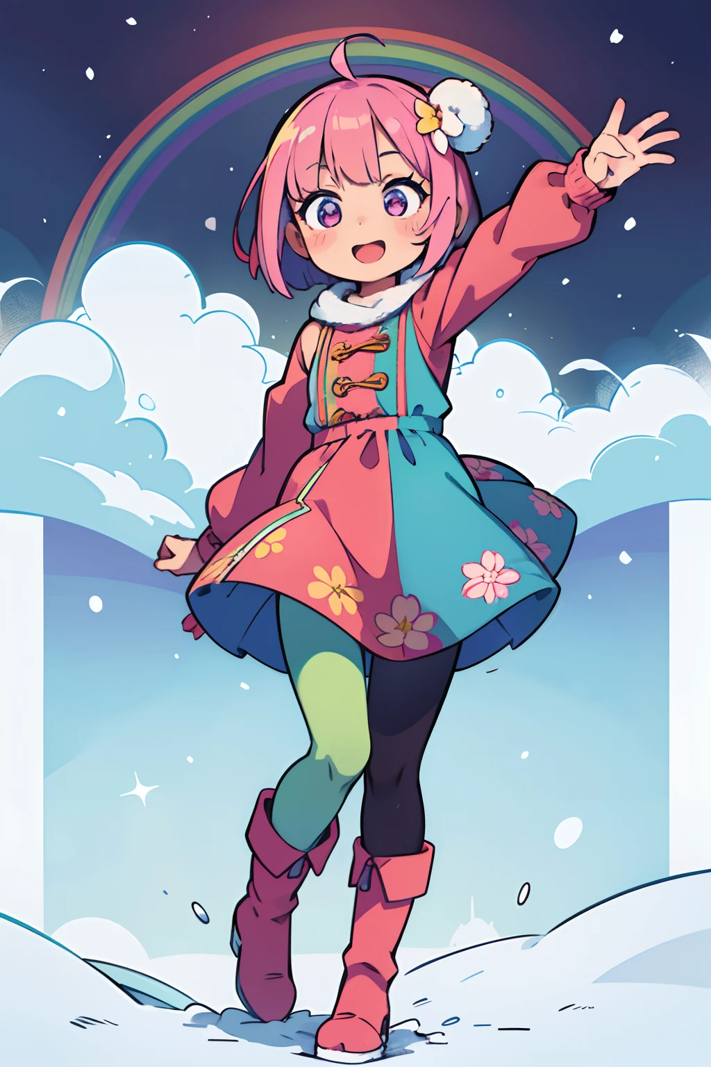 Stand in front of the photo、1girl in,Full body,a short bob, rainbow color Hair,long boots,Open mouth and big smile、kawaii pose、Flowing iridescent silk、Wearing colored tights、up of face、Eye Up、Colorcon with heart pattern、Floral dress、Posing with the Snow Rabbit、snowscape、season!!: Winters☀ 🍂