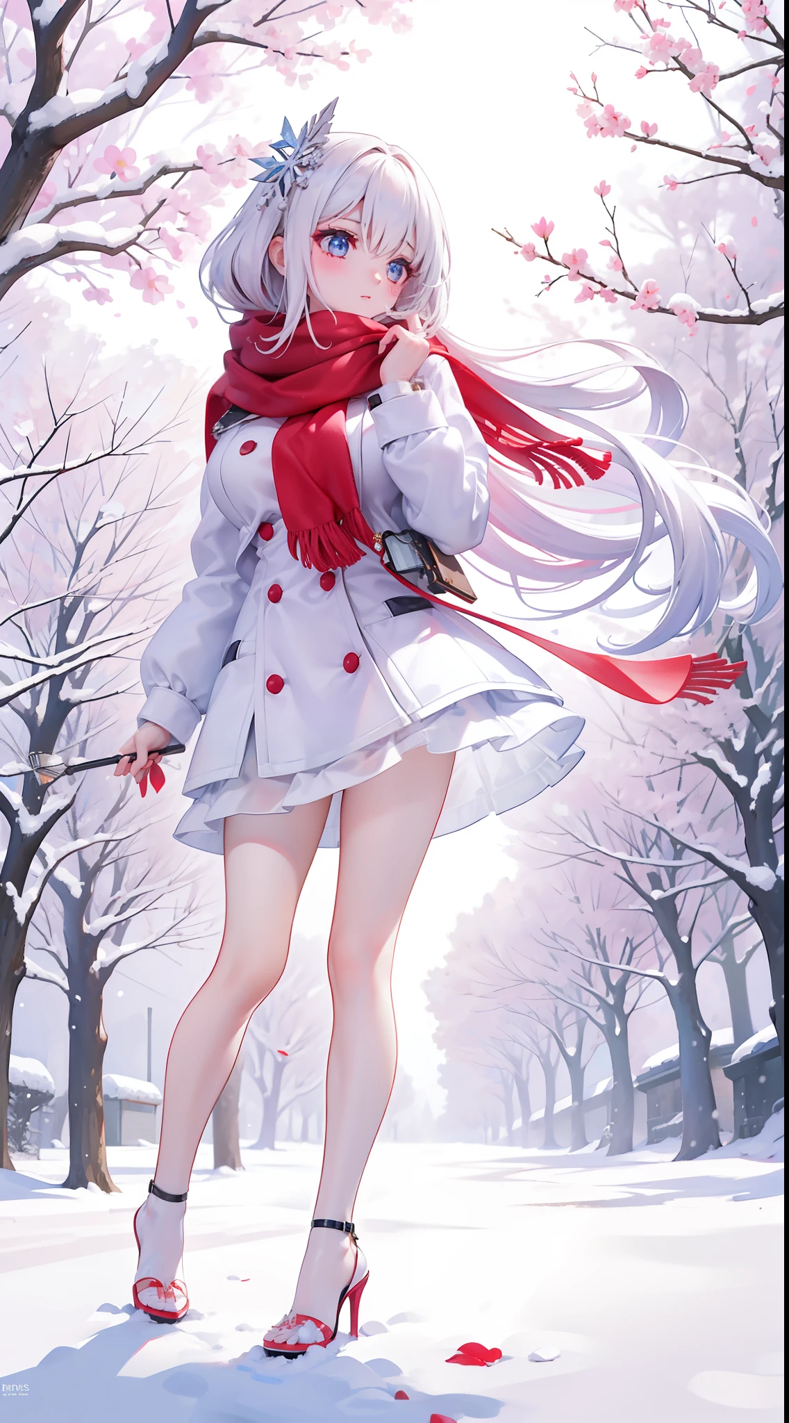 A peerless beauty,Beautiful facial features,putting makeup on,Blushlush,(cabelos preto e longos,White down jacket,Red scarf),high-heels,(Fuyuhime love song,plane trees,Snowflakes flying,White snow),Realiy,modern day,Portrait photo,Get close to the lens,depth of fields,stand posture