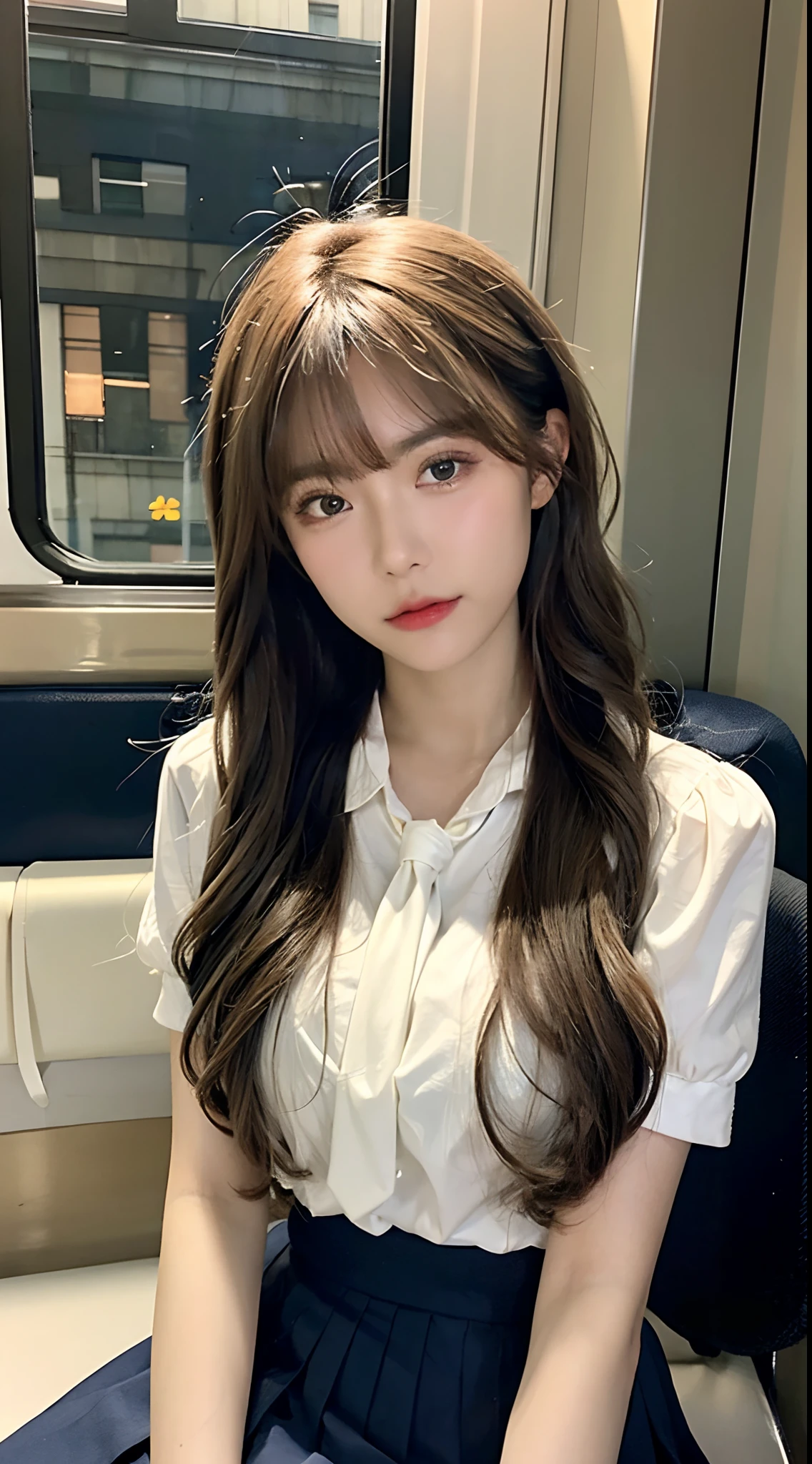 Realistic photos (1 cute Korean star) Reverse hair, light makeup, Middle breast size, Orange polo shirt, At the train station, Canon EOS Clear Facial Features, 16K, High resolution, Sharp and realistic details,  Exposure, interrupt, 超High resolution, High resolution, Highest quality