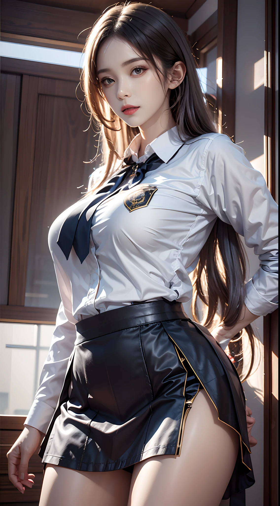 photorealistic, high resolution, soft light, 1women, solo, hips up, shining skin, jewelry, secretary uniform, white hair, tattoo, shirt, skirt