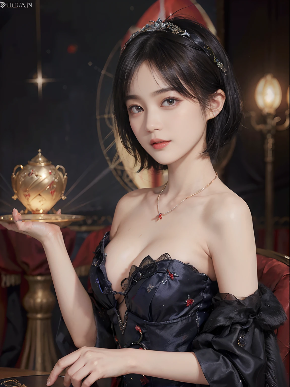 ((1womanl)),  (((Black-short-hair))), （masuter piece：1,3）、top-quality、​masterpiece、hight resolution、Original、highly detailed wallpaper、dress code、Luxurious necklace, (A slight smil)、a small face、((breast))、(Red and blue dresses)、(light on face)、Live-action style, Beautiful facial features, darkened room, ((Hu Dilan)), Masquerade, (fancy-dress ball), masquerade ball, masquerade party