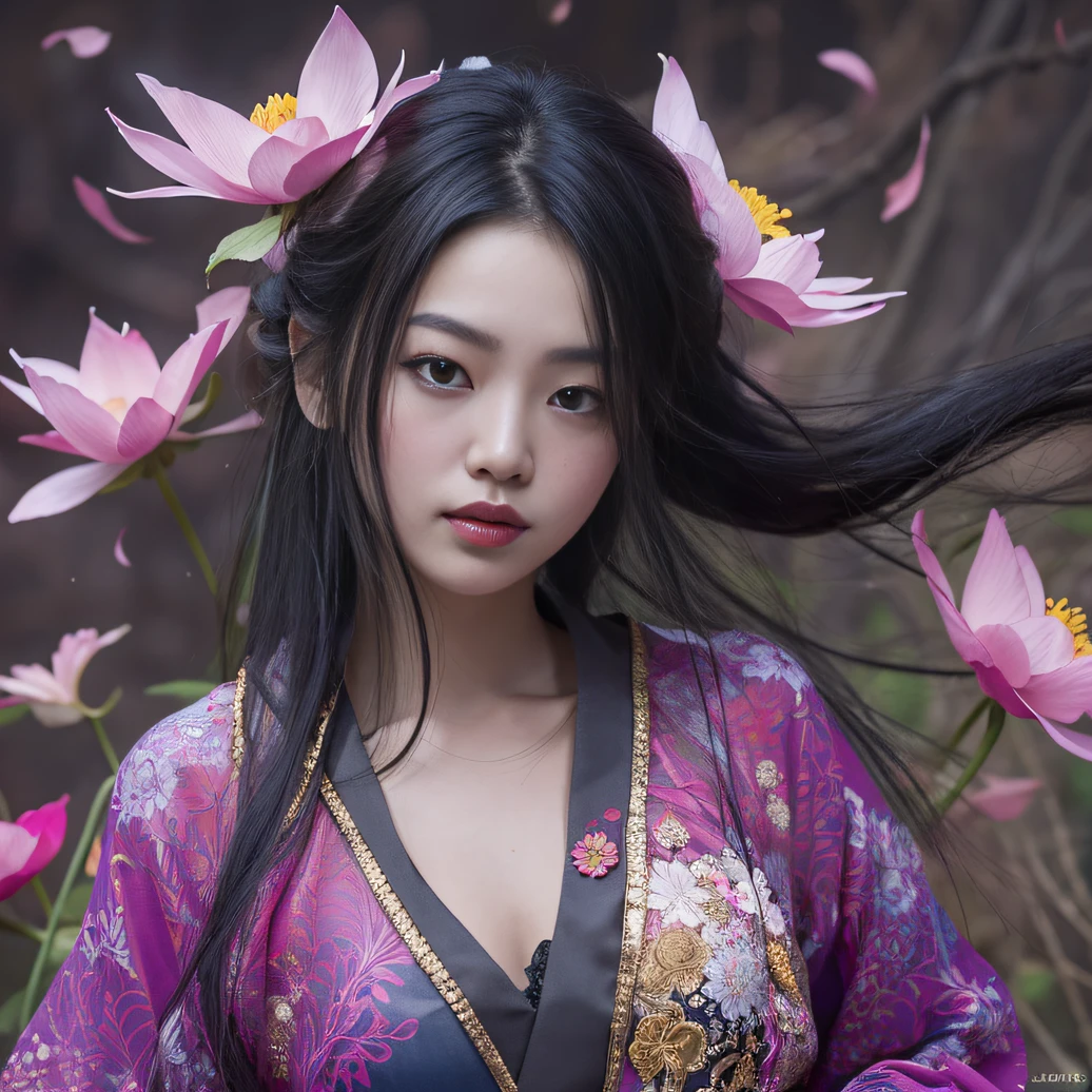 32K（tmasterpiece，k hd，hyper HD，32K）Long flowing black hair，ponds，zydink， a color， Aozhou people （Concubine girl）， （Purple silk scarf）， Combat posture， looking at the ground， long whitr hair， Floating hair， Carp pattern headdress， Chinese long-sleeved clothing， （Abstract gouache splash：1.2）， Pink petal background，Pink and white lotus flowers fly（realisticlying：1.4），Black color hair，Fallen leaves flutter，The background is pure， A high resolution， the detail， RAW photogr， Sharp Re， Nikon D850 Film Stock Photo by Jefferies Lee 4 Kodak Portra 400 Camera F1.6 shots, Rich colors, ultra-realistic vivid textures, Dramatic lighting, Unreal Engine Art Station Trend, cinestir 800，Long flowing black hair，Denim skirt