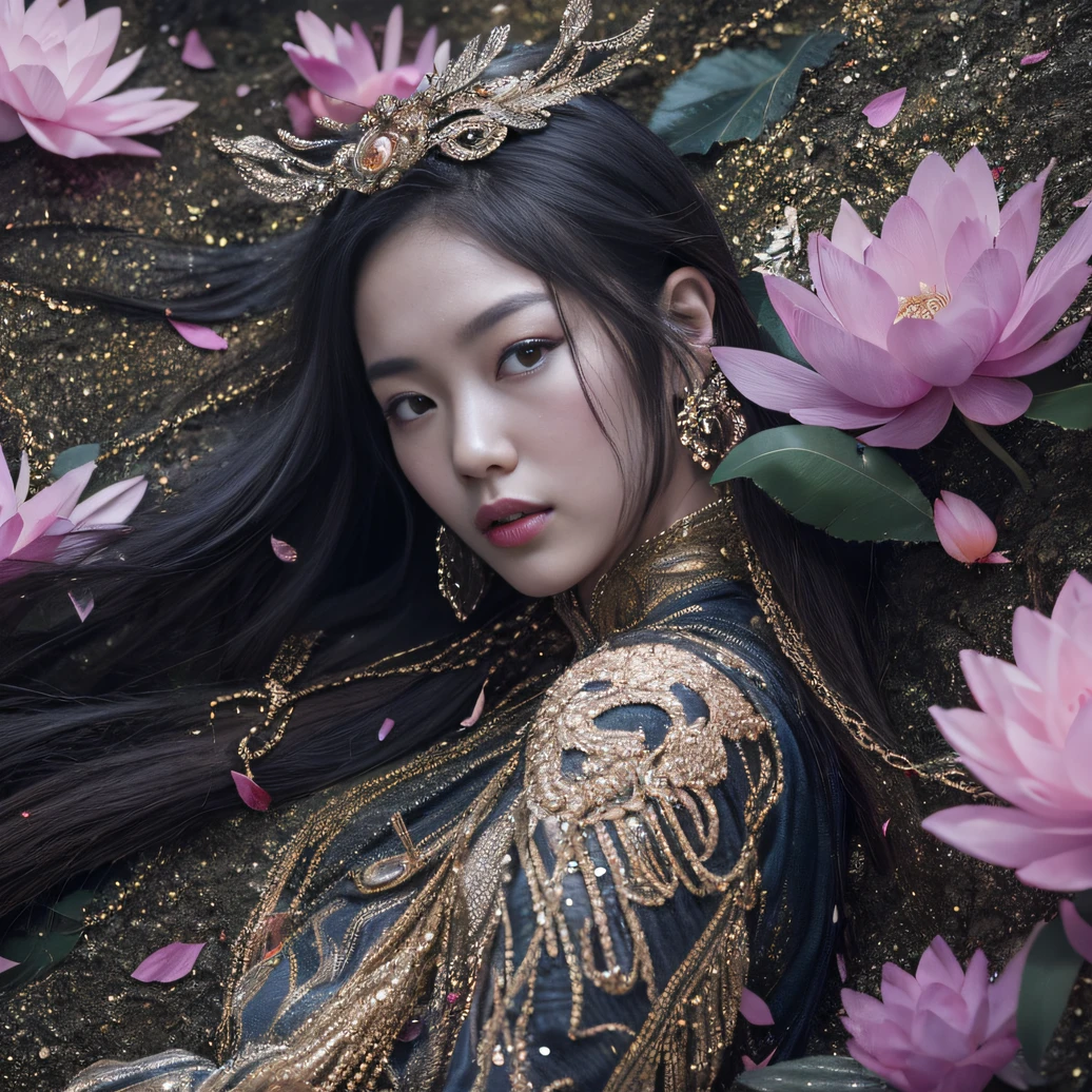 32K(tmasterpiece,k hd,hyper HD,32K)Long flowing black hair,ponds,zydink, a color, Aozhou people (Concubine girl), (Purple silk scarf), Combat posture, looking at the ground, long whitr hair, Floating hair, Carp pattern headdress, Chinese long-sleeved clothing, (Abstract gouache splash:1.2), Pink petal background,Pink and white lotus flowers fly(realisticlying:1.4),Black color hair,Fallen leaves flutter,The background is pure, A high resolution, the detail, RAW photogr, Sharp Re, Nikon D850 Film Stock Photo by Jefferies Lee 4 Kodak Portra 400 Camera F1.6 shots, Rich colors, ultra-realistic vivid textures, Dramatic lighting, Unreal Engine Art Station Trend, cinestir 800,Long flowing black hair,Denim skirt