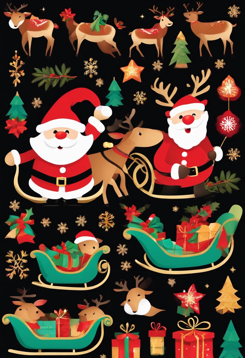 Christmas elements, santa claus Reindeer pulling a sleigh Black background, Illustrated minimalist image of a set of exclusive stickers