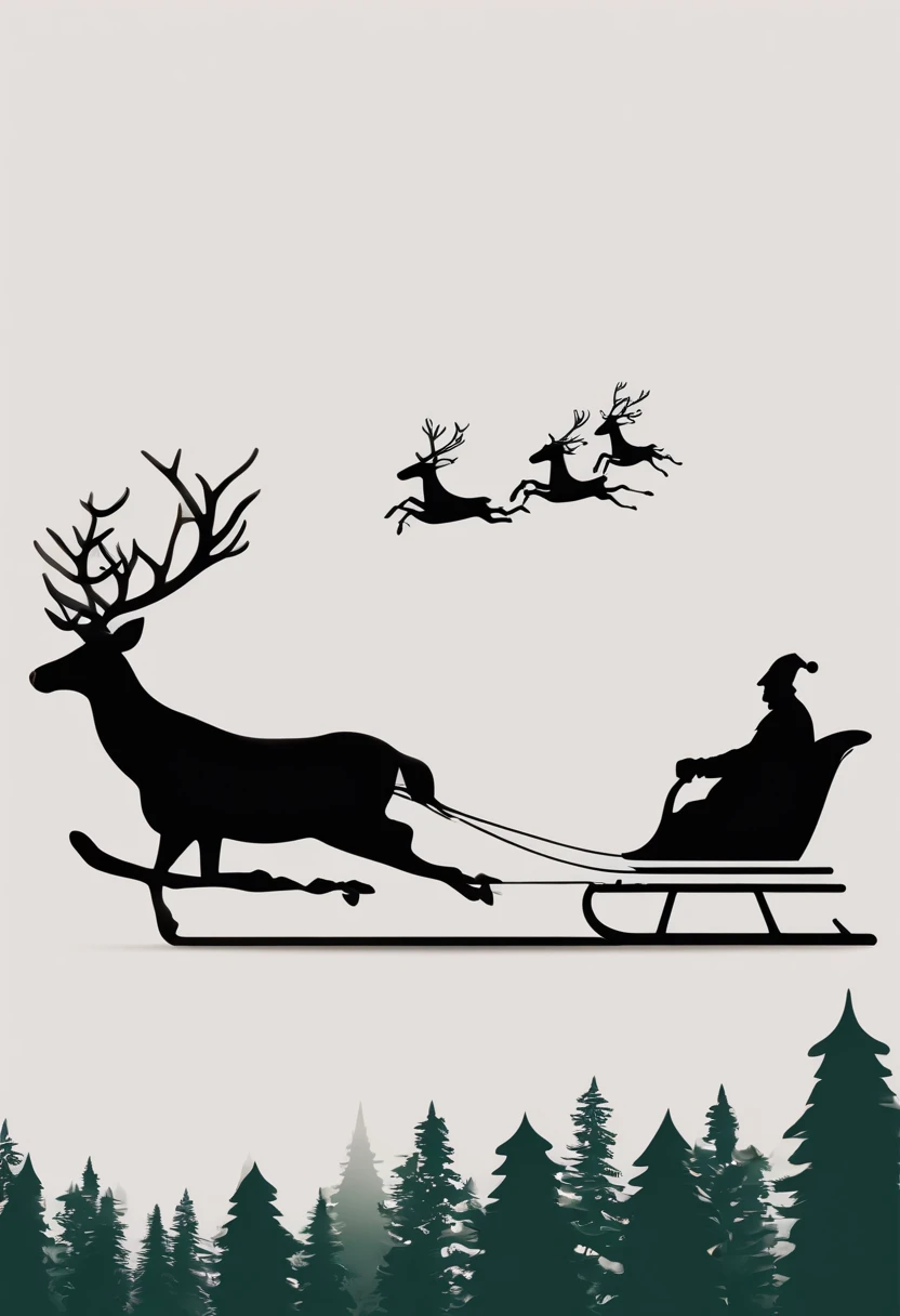Christmas elements, santa claus　Reindeer pulling a sleigh　Black background, Illustrated minimalist image of a set of exclusive stickers
