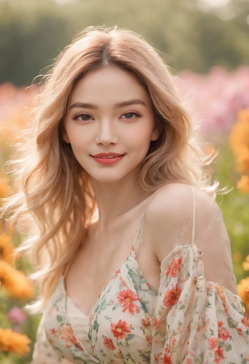 (masterpiece, Vivid portrait:1.3), (Seductive depiction of blonde woman in flower garden:1.2), (Canon EOS 5D Mark IV Camera, Famous for capturing vibrant colors and rich textures:1.2),（Korean idol），    (Paired with Canon EF 35mm F/1.4L II USM lens for versatile compositions:1.2), (Flowing, voluminous  hair caught in the breeze, Adding dynamism:1.1), (Glowing eyes reflecting the shade of the sky:1.1), (A perfect face that exudes perfection:1.1),  (Knee-length sundress full of kaleidoscopes of colors:1.1), (Her cheerful smile radiating pure happiness:1.1), (Playful movements of the dress to capture the light:1.1), (A mix of wildflowers to create a vibrant backdrop:1.1),    (Sunlit fields depicting a joyful atmosphere:1.1), (The sensor of the camera is、Captures the intricate texture of her hair and fabric:1.1), (Lenses that highlight her seductive smile and vibrant outfit:1.1), (A moment to capture carefree joy in nature:1.1),  (The synergy of color and emotion in one frame:1.1), (Portrait capturing the essence of the radiant spirit in a blooming landscape:1.1)