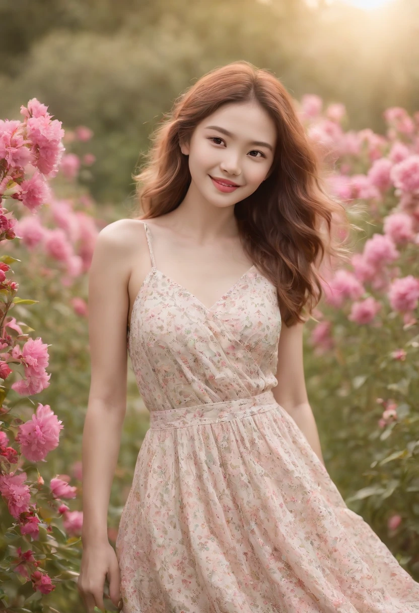(masterpiece, Vivid portrait:1.3), (Seductive depiction of blonde woman in flower garden:1.2), (Canon EOS 5D Mark IV Camera, Famous for capturing vibrant colors and rich textures:1.2),（Korean idol），    (Paired with Canon EF 35mm F/1.4L II USM lens for versatile compositions:1.2), (Flowing, voluminous  hair caught in the breeze, Adding dynamism:1.1), (Glowing eyes reflecting the shade of the sky:1.1), (A perfect face that exudes perfection:1.1),  (Knee-length sundress full of kaleidoscopes of colors:1.1), (Her cheerful smile radiating pure happiness:1.1), (Playful movements of the dress to capture the light:1.1), (A mix of wildflowers to create a vibrant backdrop:1.1),    (Sunlit fields depicting a joyful atmosphere:1.1), (The sensor of the camera is、Captures the intricate texture of her hair and fabric:1.1), (Lenses that highlight her seductive smile and vibrant outfit:1.1), (A moment to capture carefree joy in nature:1.1),  (The synergy of color and emotion in one frame:1.1), (Portrait capturing the essence of the radiant spirit in a blooming landscape:1.1)