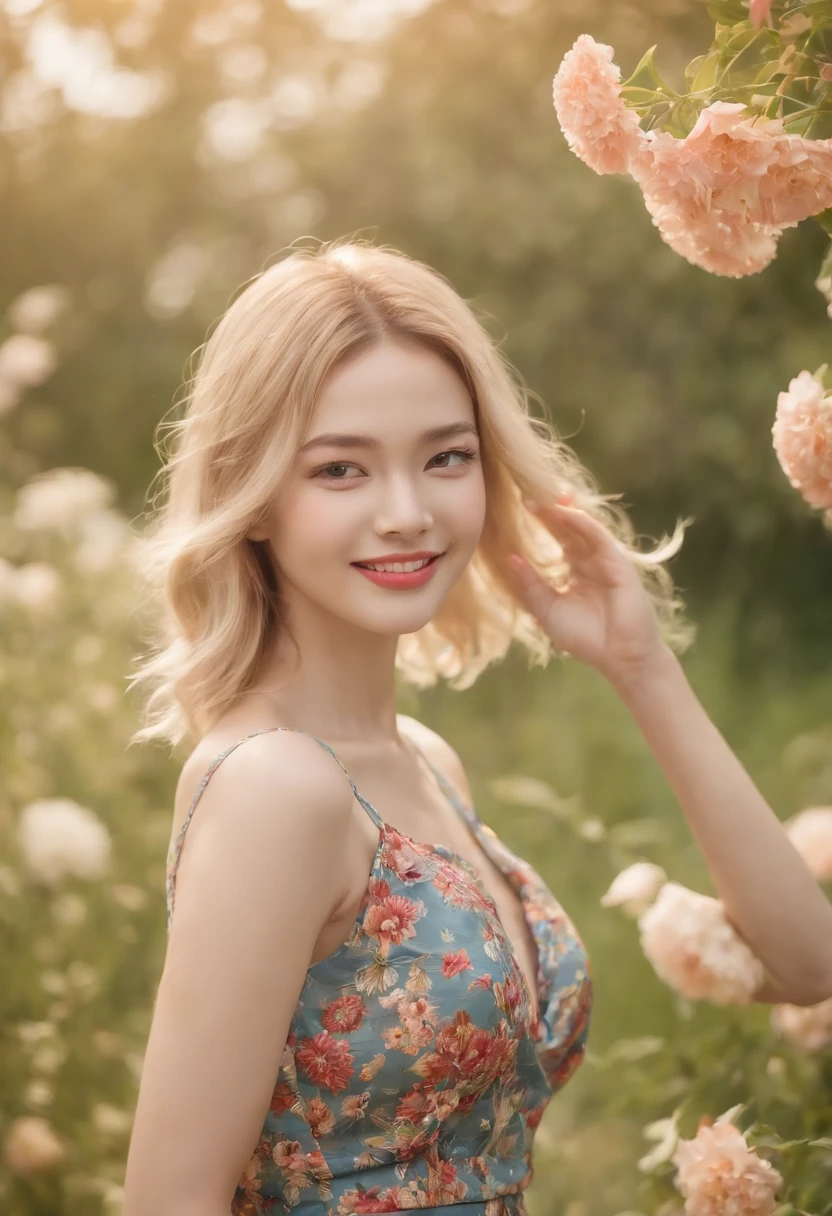 (masterpiece, Vivid portrait:1.3), (Seductive depiction of blonde woman in flower garden:1.2), (Canon EOS 5D Mark IV Camera, Famous for capturing vibrant colors and rich textures:1.2),(Korean idol), (Paired with Canon EF 35mm F/1.4L II USM lens for versatile compositions:1.2), (Flowing, voluminous hair caught in the breeze, Adding dynamism:1.1), (Glowing eyes reflecting the shade of the sky:1.1), (A perfect face that exudes perfection:1.1), (Knee-length sundress full of kaleidoscopes of colors:1.1), (Her cheerful smile radiating pure happiness:1.1), (Playful movements of the dress to capture the light:1.1), (A mix of wildflowers to create a vibrant backdrop:1.1), (Sunlit fields depicting a joyful atmosphere:1.1), (The sensor of the camera is、Captures the intricate texture of her hair and fabric:1.1), (Lenses that highlight her seductive smile and vibrant outfit:1.1), (A moment to capture carefree joy in nature:1.1), (The synergy of color and emotion in one frame:1.1), (Portrait capturing the essence of the radiant spirit in a blooming landscape:1.1)