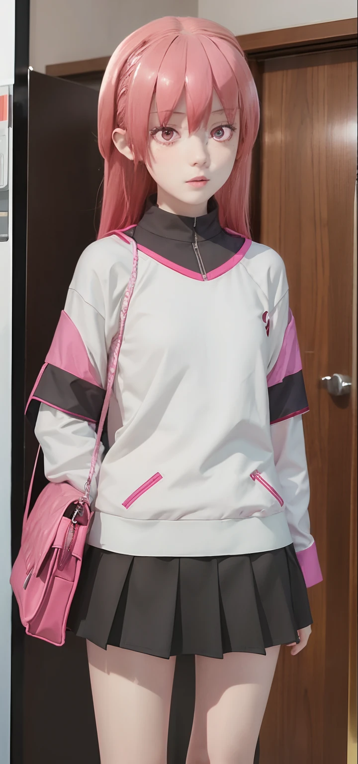 1girl, solo, long hair, skirt, blush, looking at viewer, pleated skirt, shirt, pink hair, short sleeves, hair between eyes, short over long sleeves, white shirt, layered sleeves, standing, bangs, long sleeves, jacket