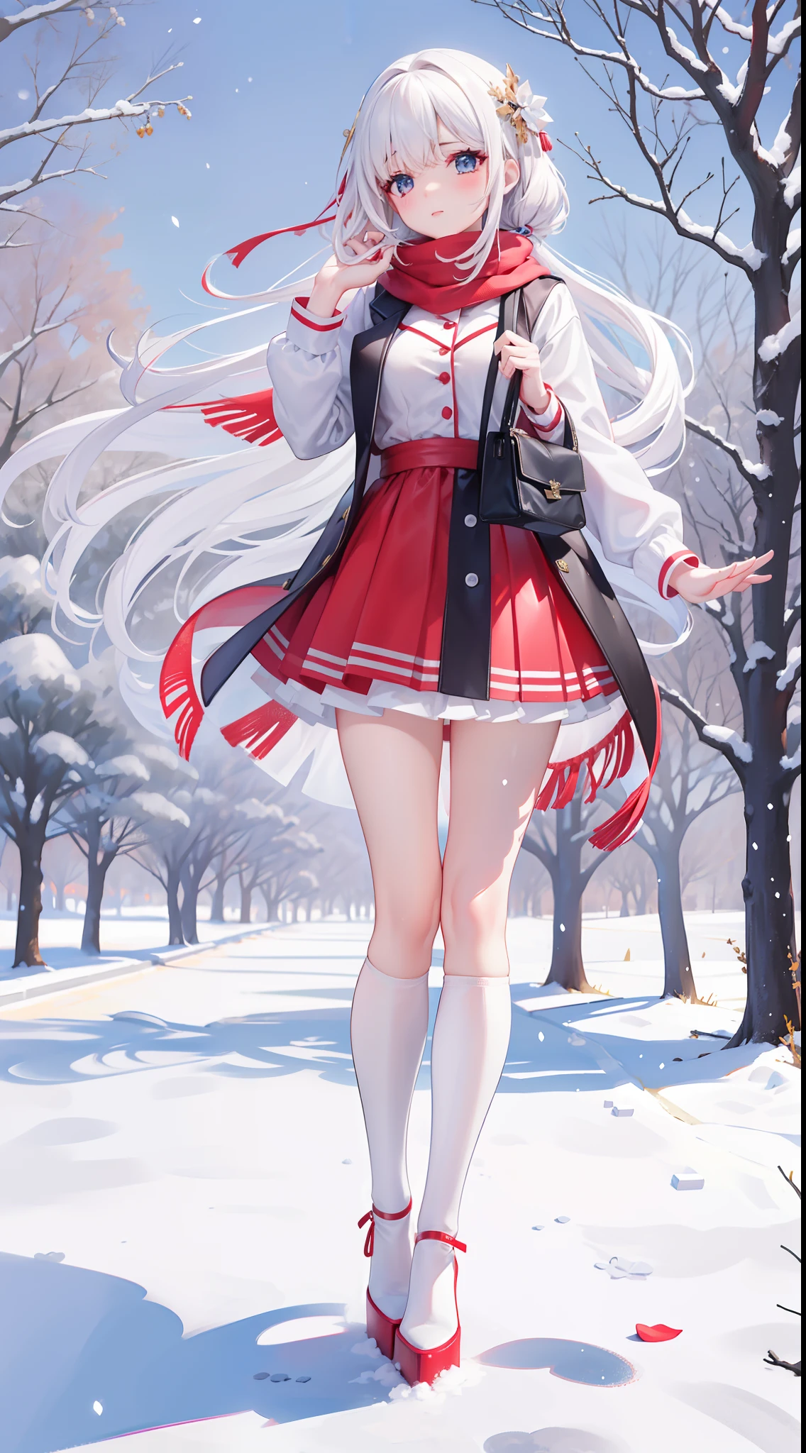 A peerless beauty,Beautiful facial features,putting makeup on,Blushlush,(cabelos preto e longos,White down jacket,Red scarf),high-heels,(Fuyuhime love song,plane trees,Snowflakes flying,White snow),Realiy,modern day,Portrait photo,Get close to the lens,depth of fields,stand posture