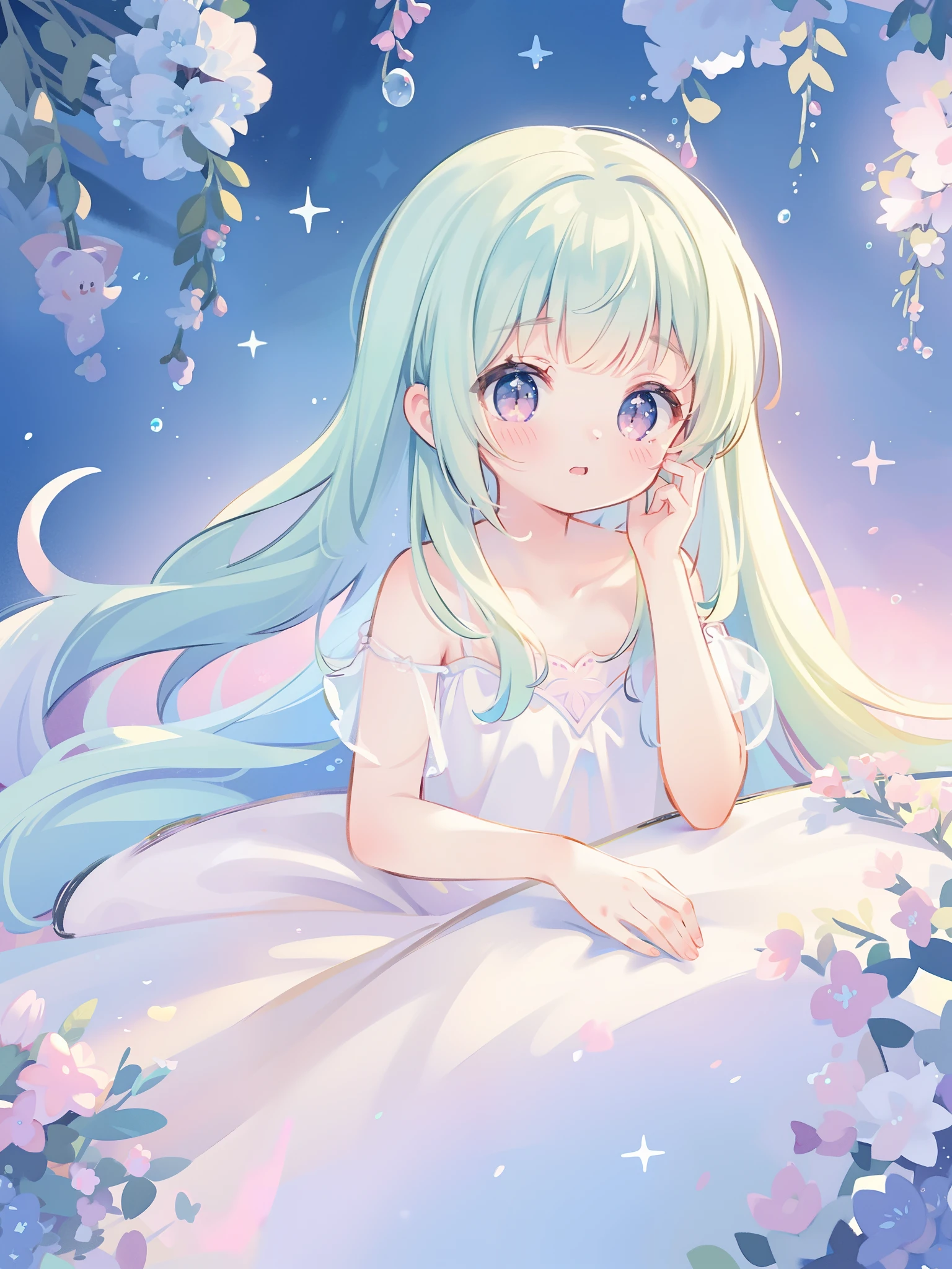 masterpiece, best quality, 8k resolution, sharp focus, intricate detail, beautiful girl, sparkling eyes, golden ratio face, otherworldly liquid, watercolor, ((pastel colors)), bright colors, whimsical, colorful, sharp focus, high resolution, fine detail, princess fantasy ballgown, ((round eyes)), iridescent bubbles, fantasia background