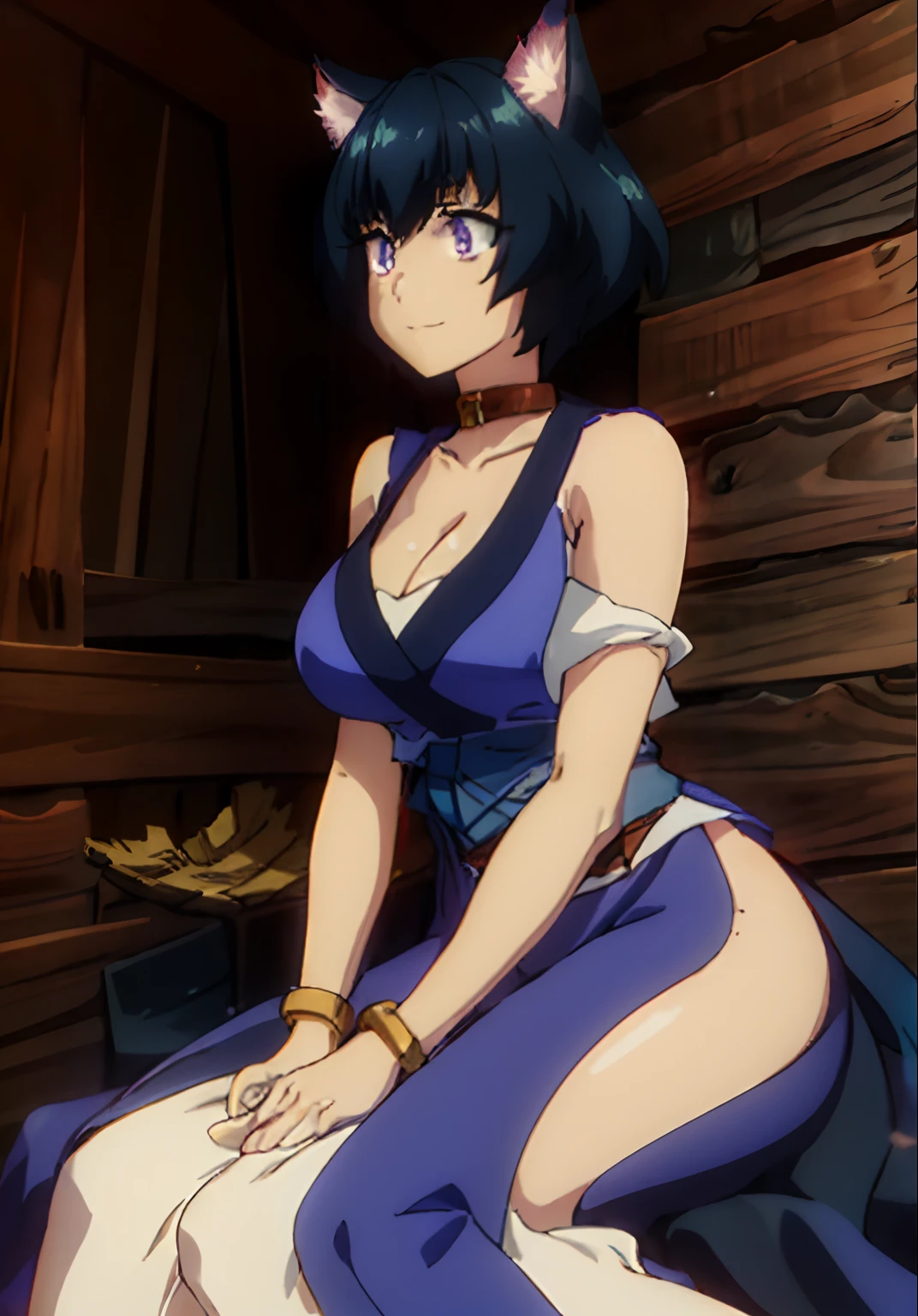 place:(day:1.7), in forest village, wooden house,brick_wall,
action:happy, big cat eyes, sitting, (holding a black gem:1.5) ,
trappings:cat_ears, choker, cleavage,detailed purple dress,obi, pelvic_curtain, sash, sleeveless, spiked_bracelet, watch, wristband,bangle,
The character:choker,
the hair:dark_blue_hair, purple_eyes, Bangs,
Quality: official art,extremely detailed CG unity 8k wallpaper, perfect lighting,Colorful, Bright_Front_face_Lighting, (masterpiece:1.0),(best_quality:1.0), ultra high res,4K,ultra-detailed, photography, 8K, HDR, highres, absurdres:1.2, Kodak portra 400, film grain, blurry background, bokeh:1.2, lens flare, (vibrant_color:1.2)
big breasts body: (narrow_waist), (skindentation, narrow waist, thighs, wide hips, half eye close, eyeliner, eyelashes, perfect face, detailed eyes, facial lighting:1.2),